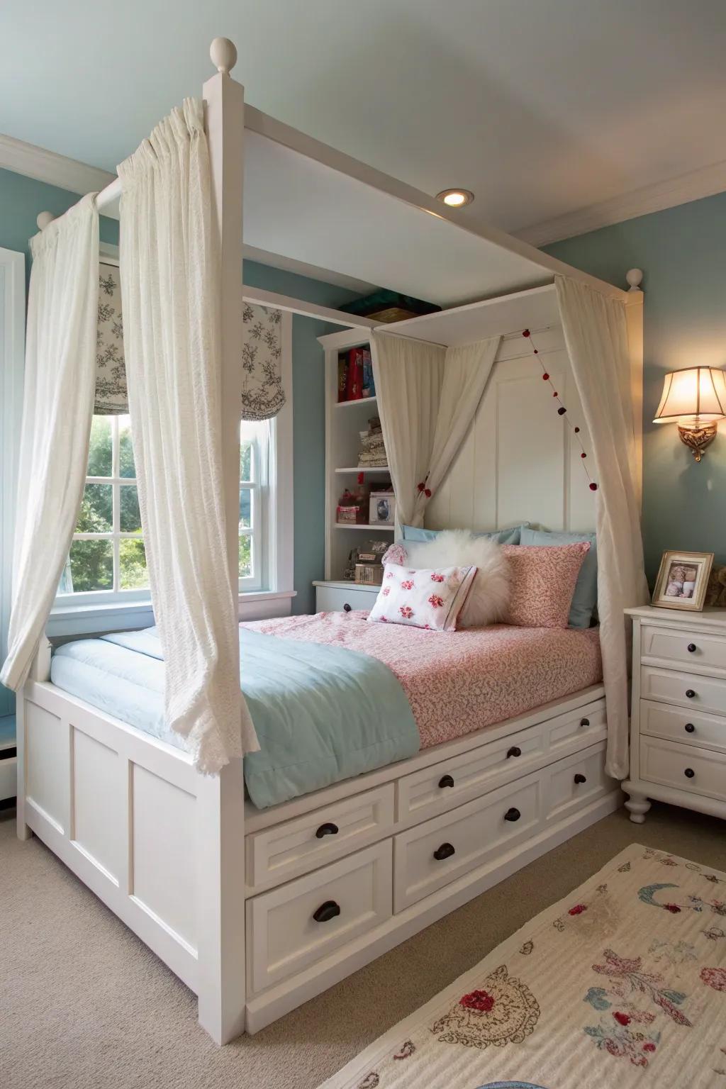 A four-poster bed featuring integrated storage amplifies functionality.