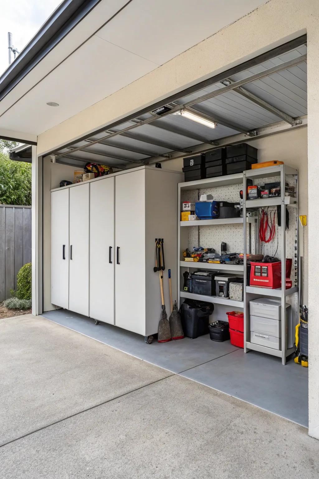 A carport featuring incorporated storage, perfect for arranging tools and outdoor necessities.