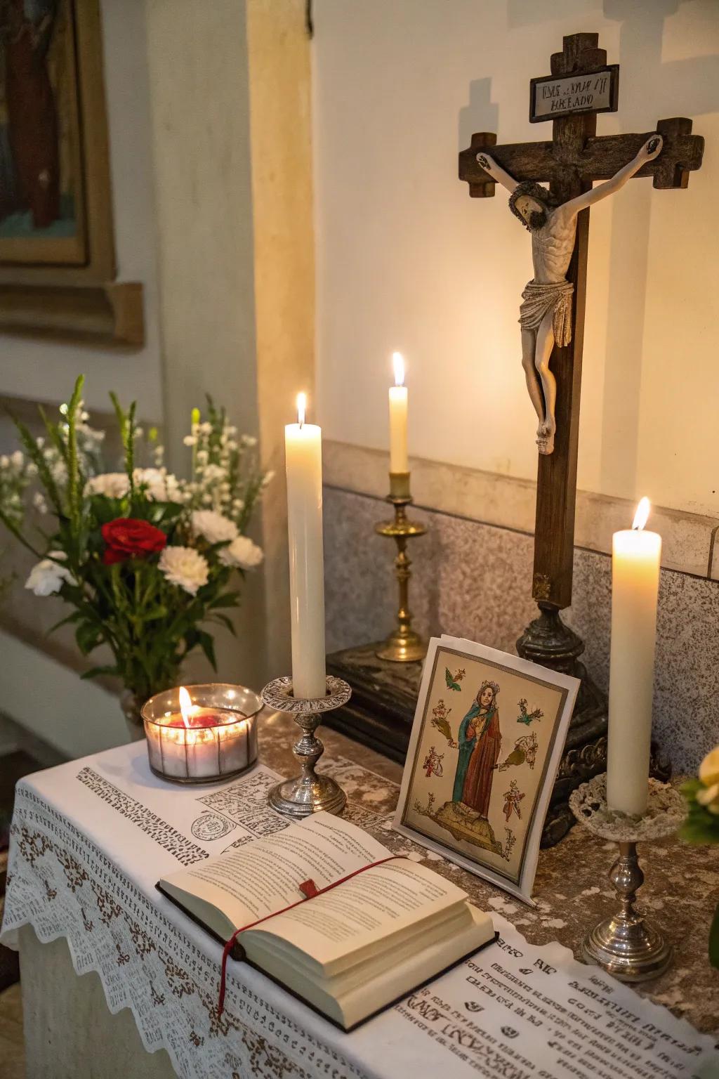 The gentle glow of candles fosters a sense of tranquility and calm during times of prayer.