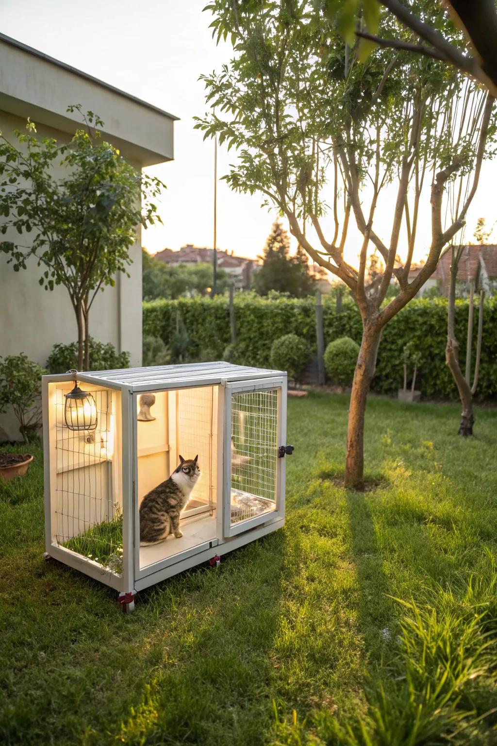 A portable cat enclosure enabling effortless relocation and varied application.