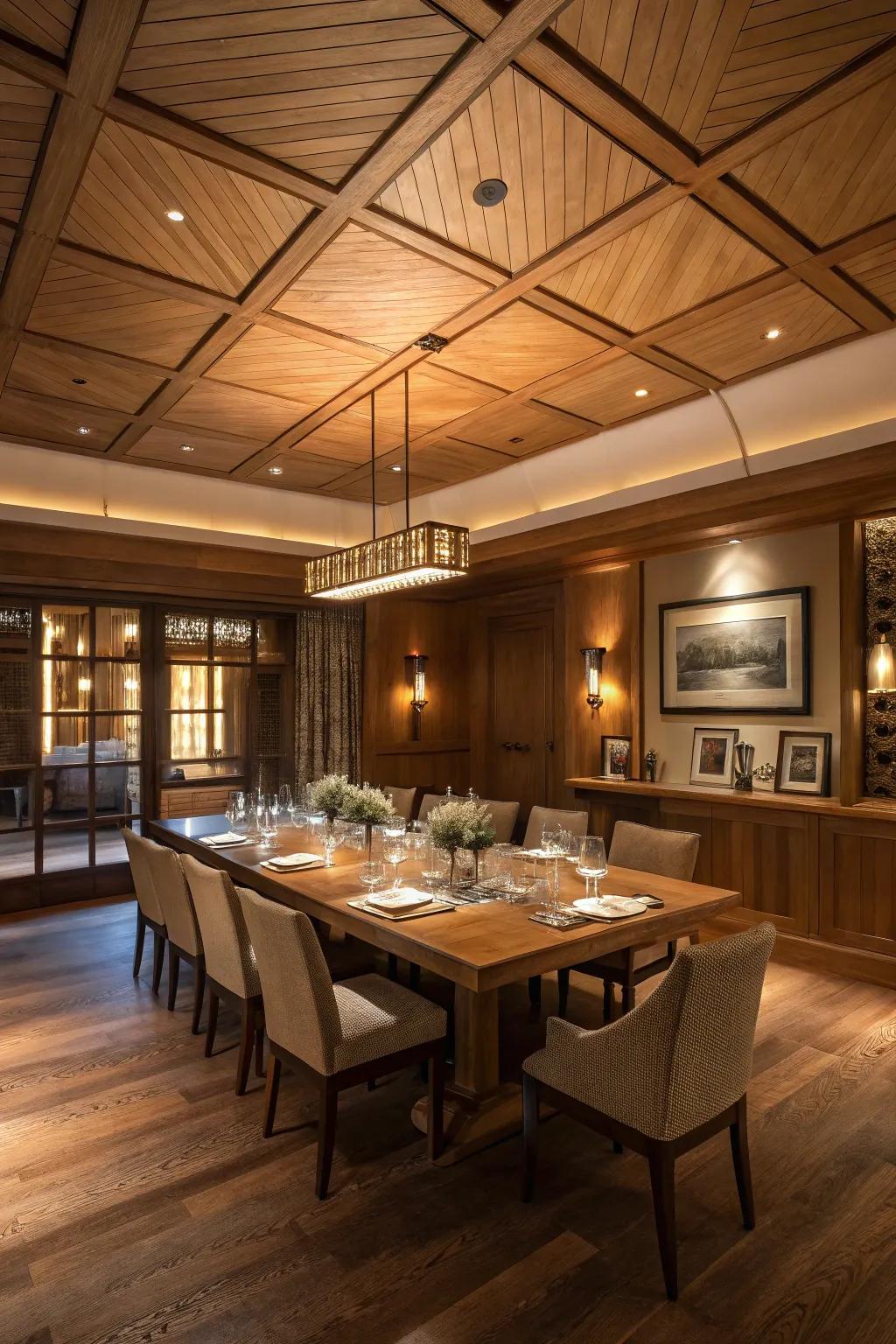 An exquisite dining room showcases the inviting essence of a cedar ceiling.