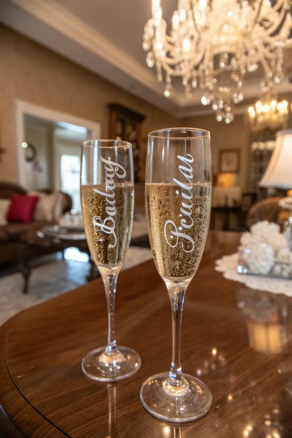 Personalized champagne flutes create lasting memories.