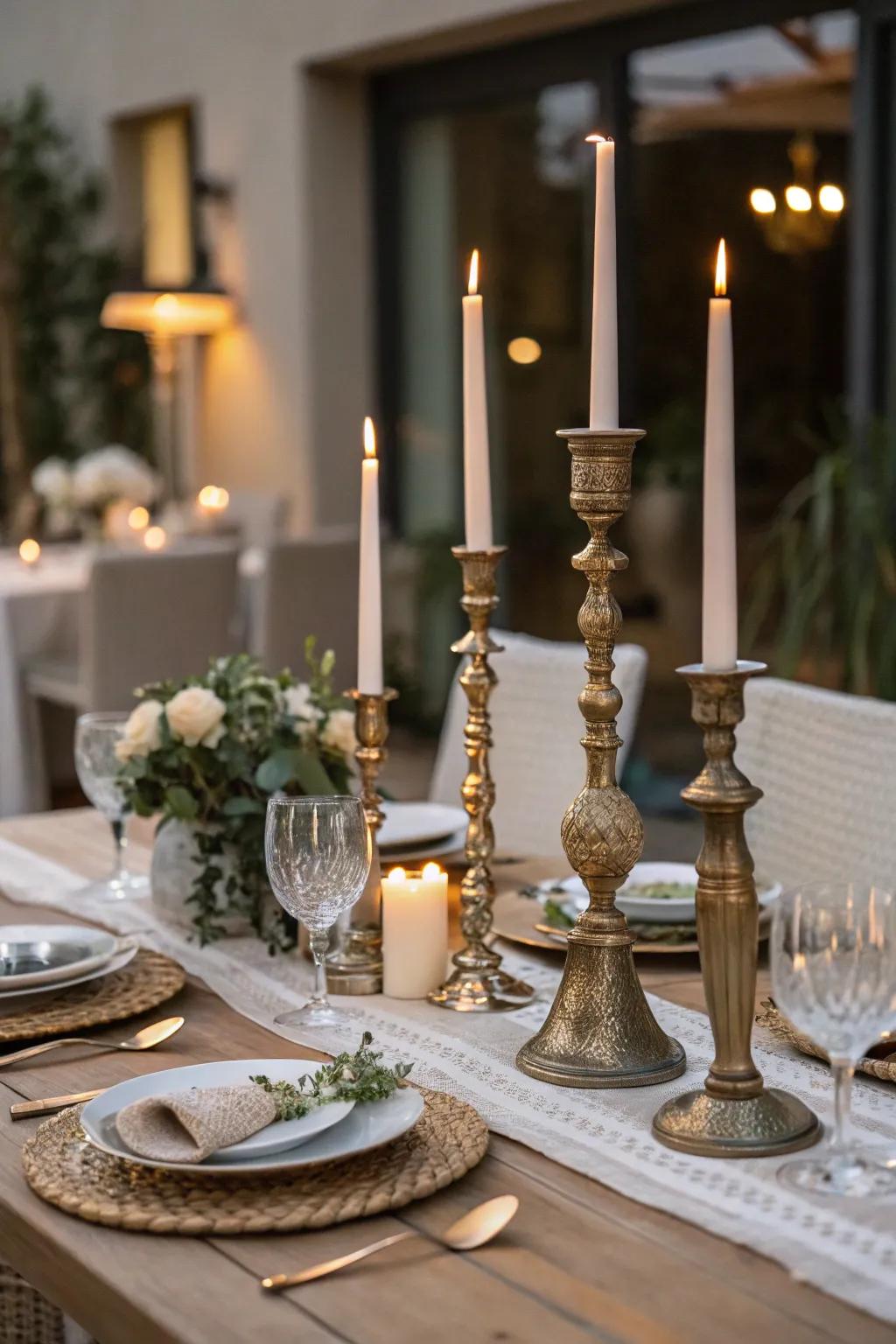 Candles of assorted statures impart an aspect of warmth and grace.