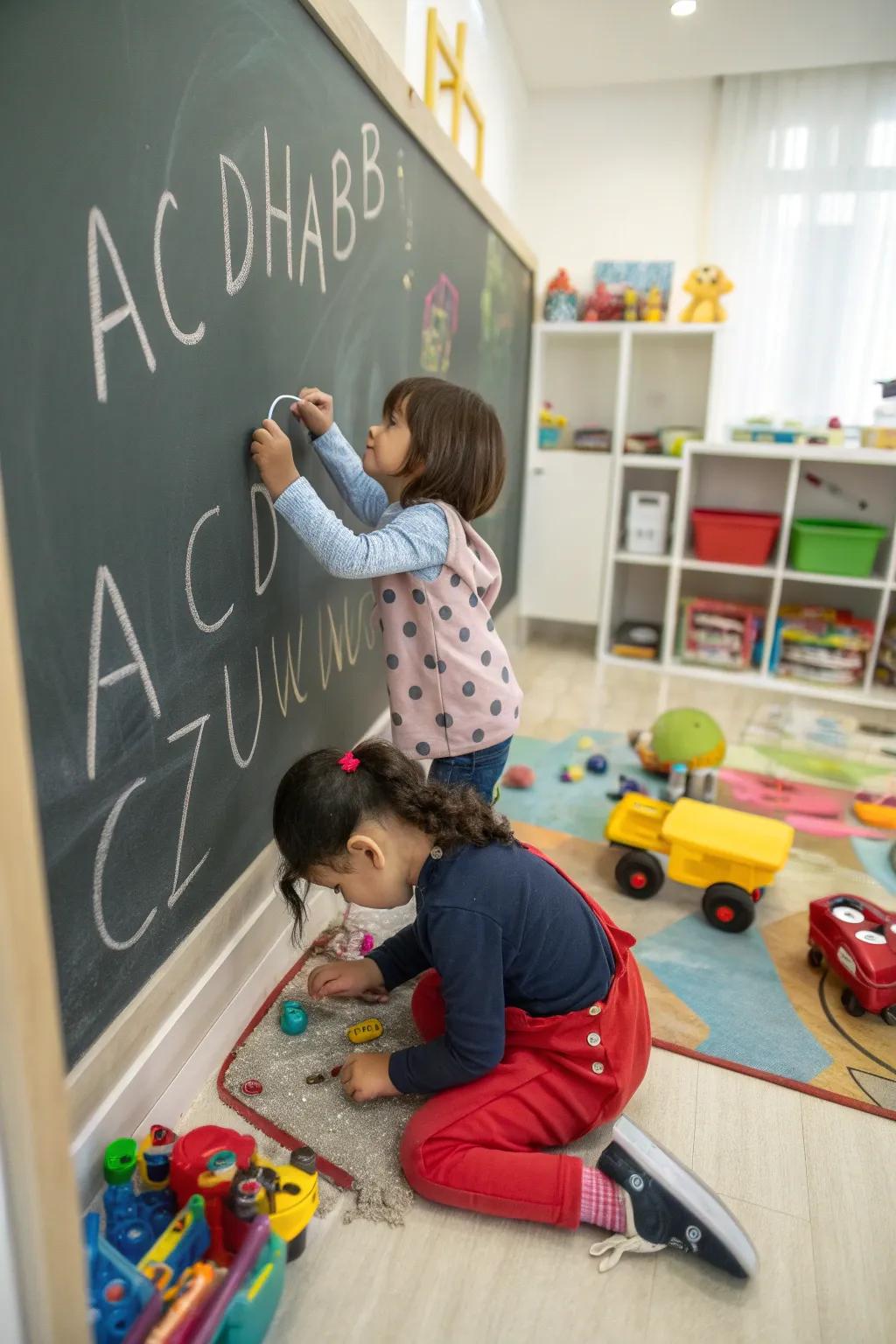 A slateboard wall featuring an alphabet enhances play-based learning.