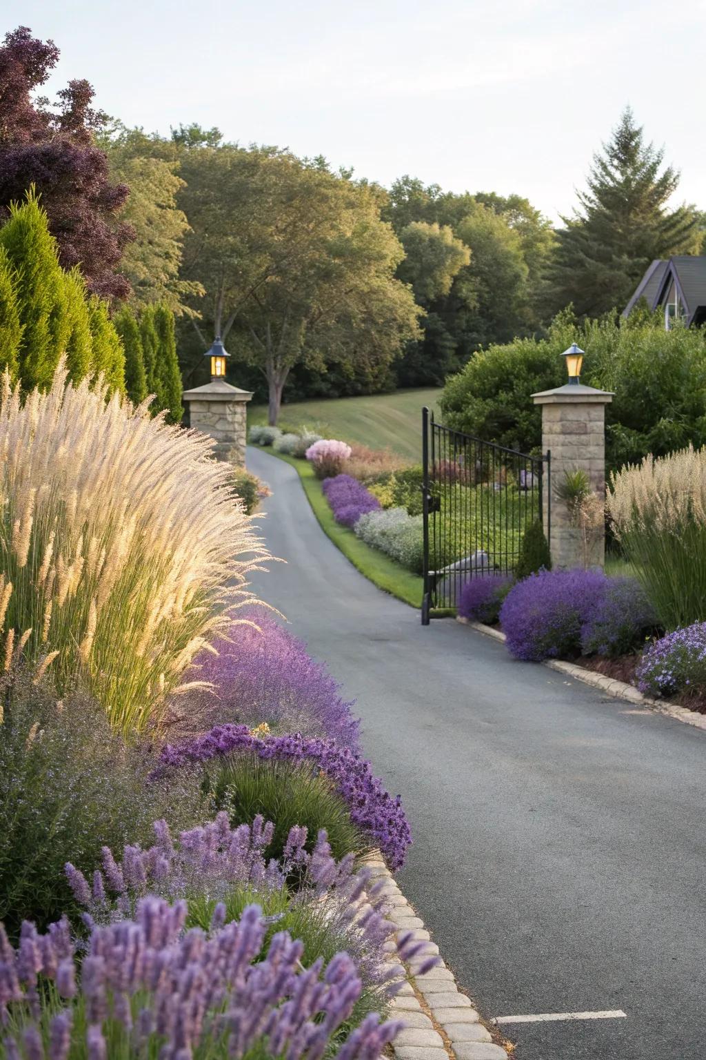 Low-maintenance greenery gracefully frames your driveway.