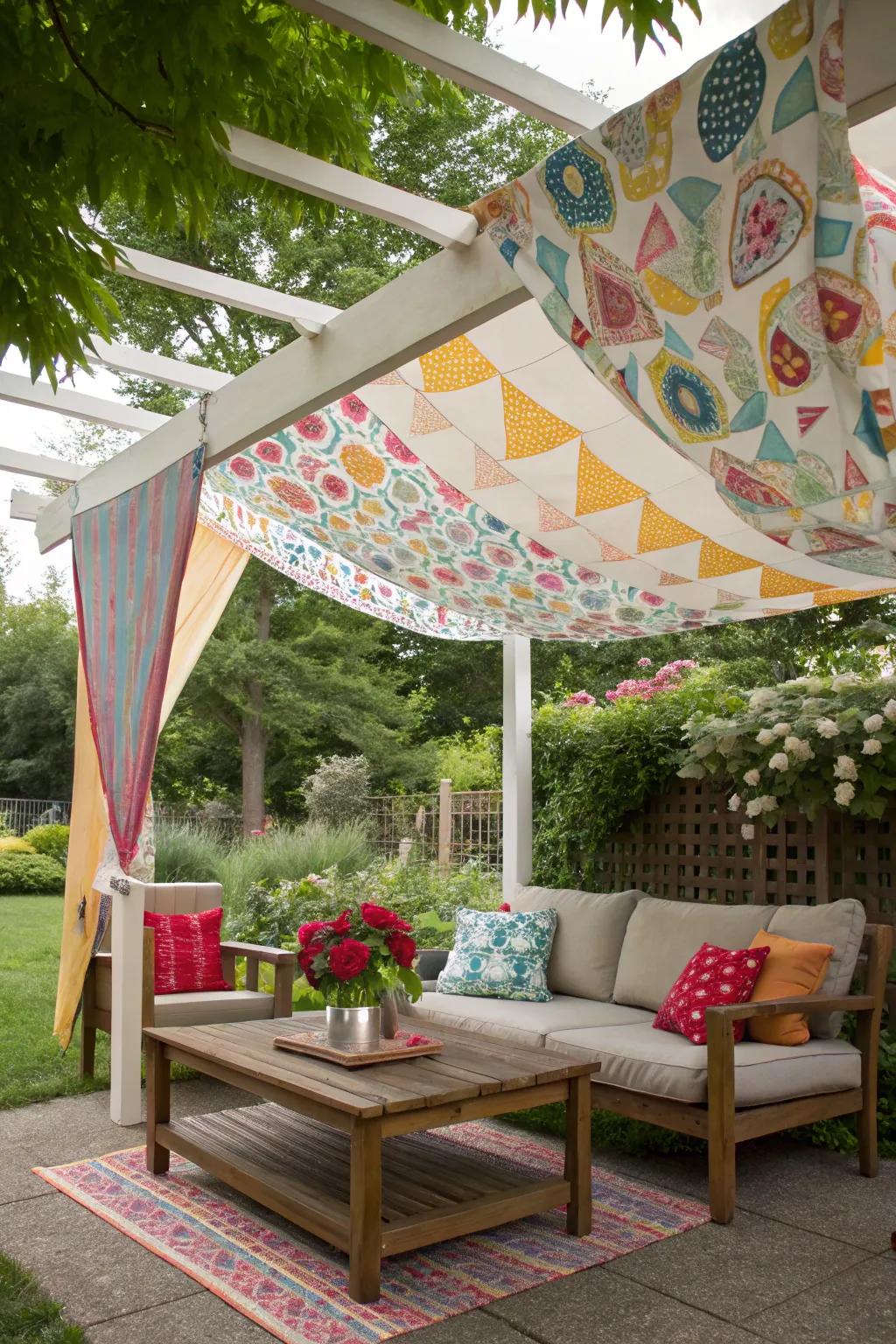 A fabric canopy infuses outdoor spaces with color and style.