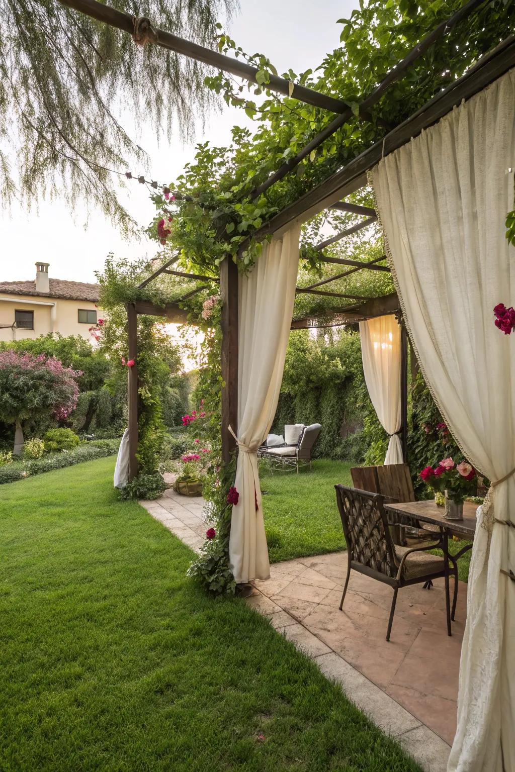 A pergola with drapes extends seclusion and allure.