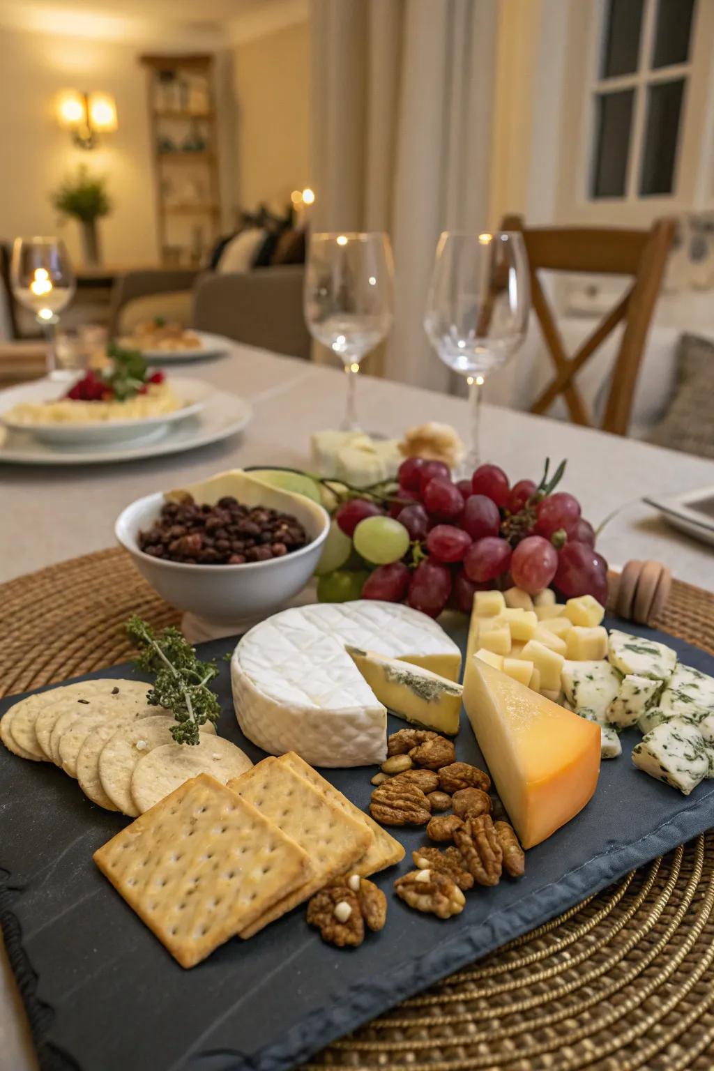 A diverse variety of cheeses artfully arranged.