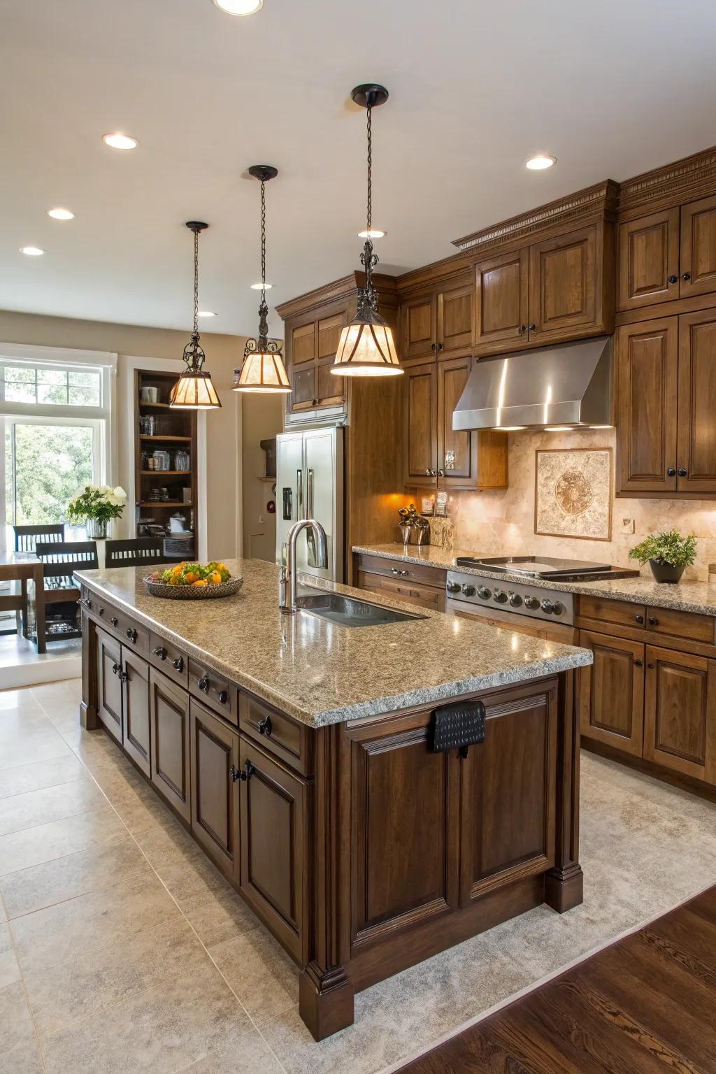 A generous island providing considerable space for meal preparations.