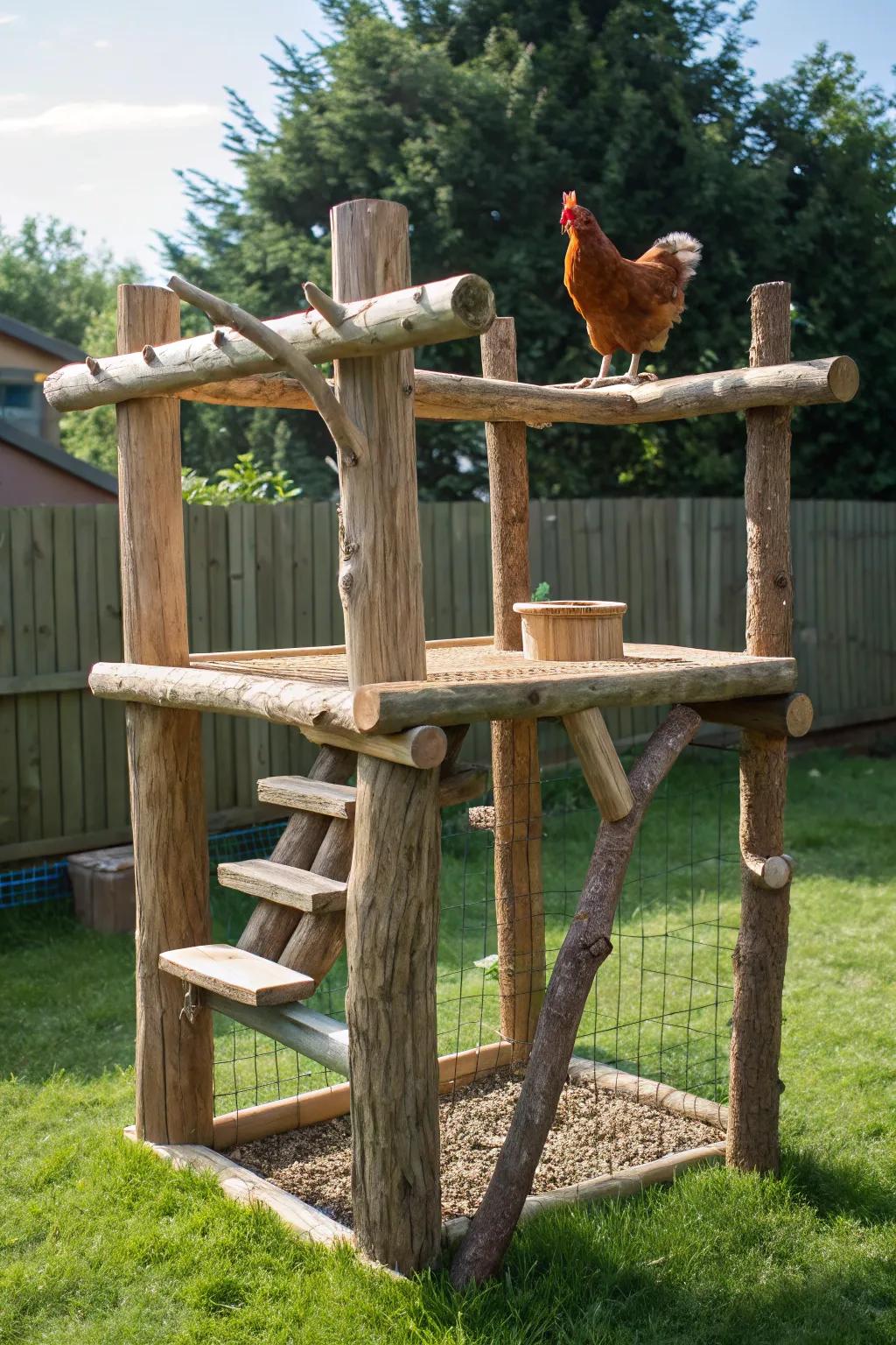 Elevate your chicken pen with handcrafted rests that provide a novel vantage point.