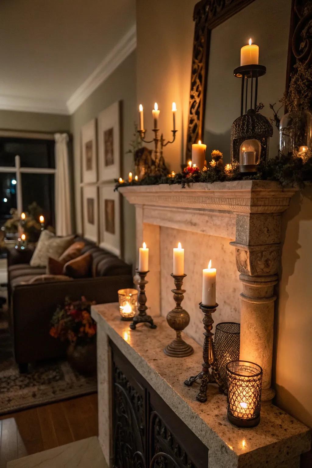 An assortment of candles presented upon the mantelpiece engenders an atmosphere of closeness and hospitality.