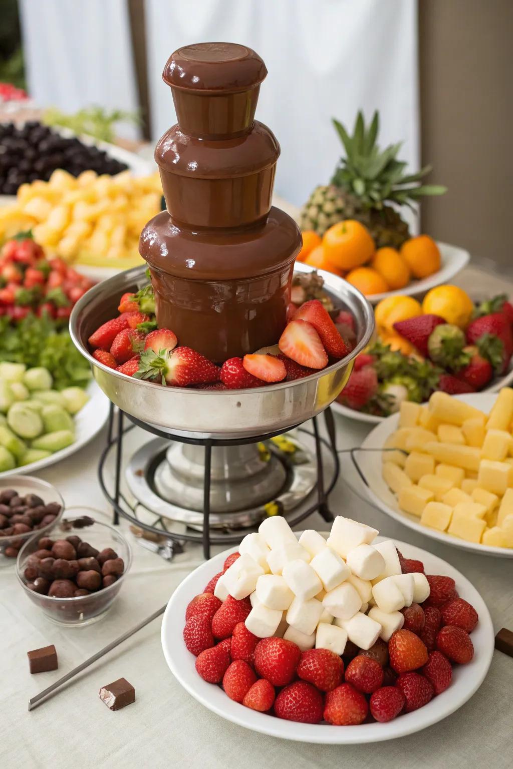 An attractive chocolate cascade poised for dipping delicacies.