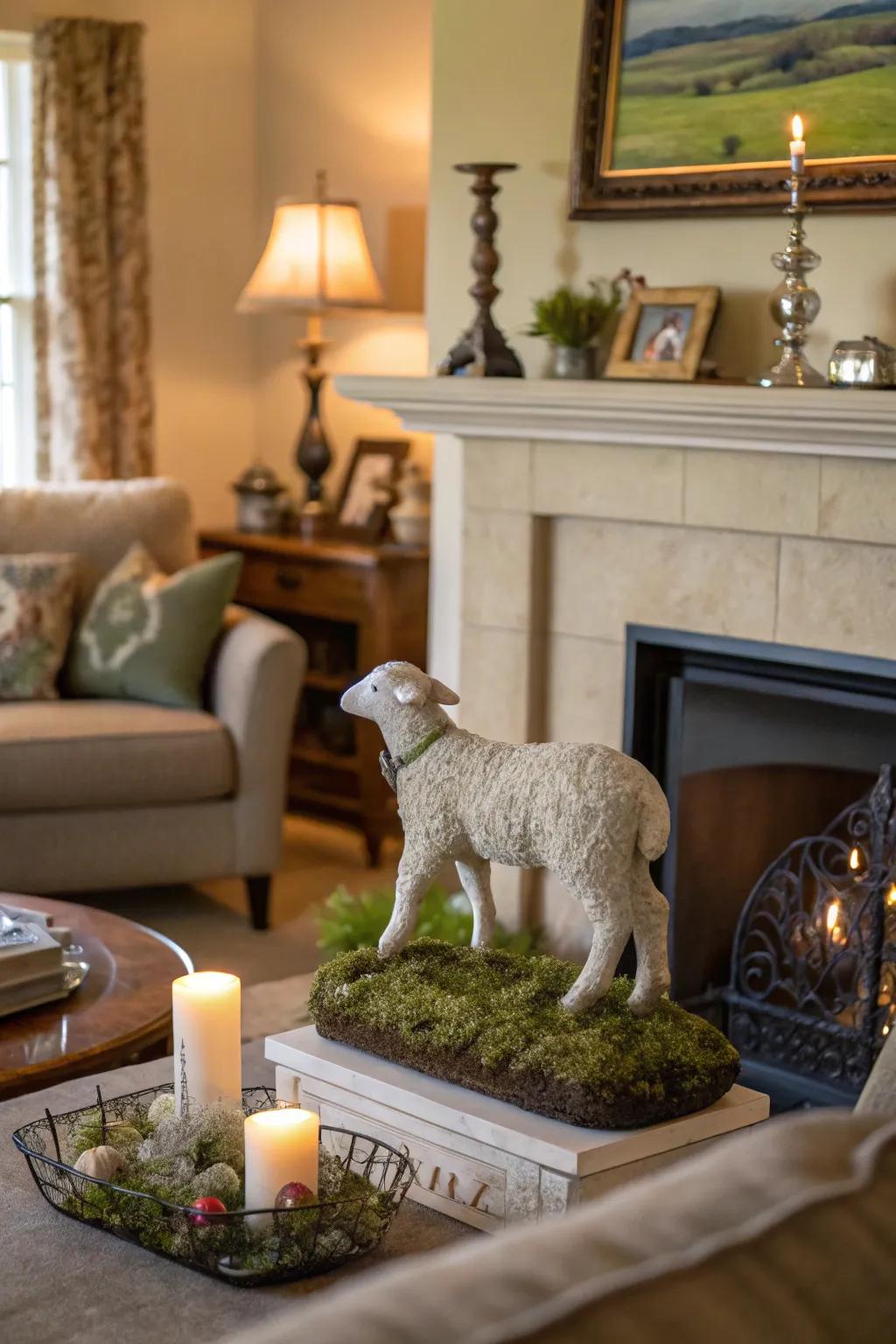 A pastoral lamb sculpture introduces a serene note to your mantel.