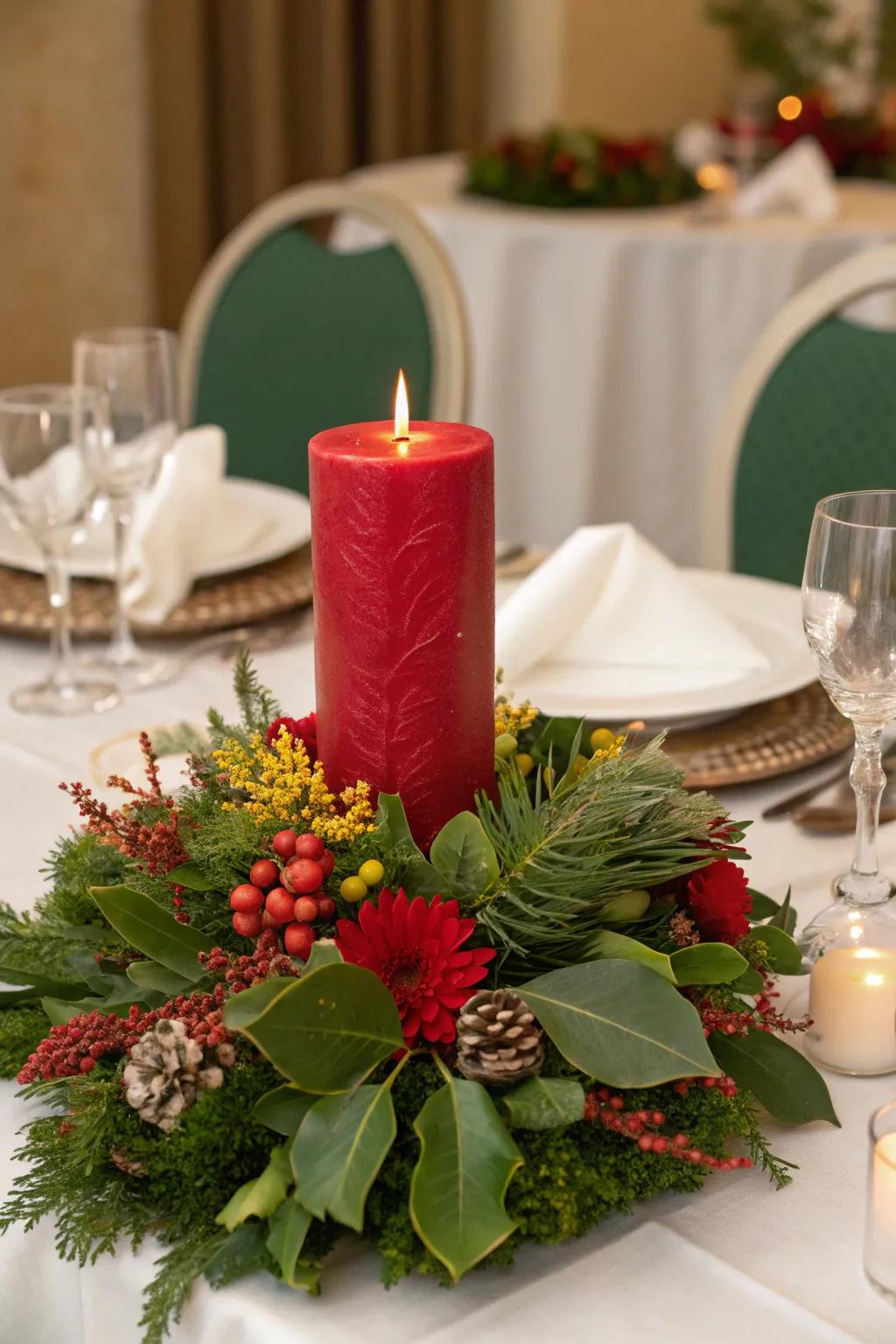 Warm up your table with an elegant candle centerpiece.