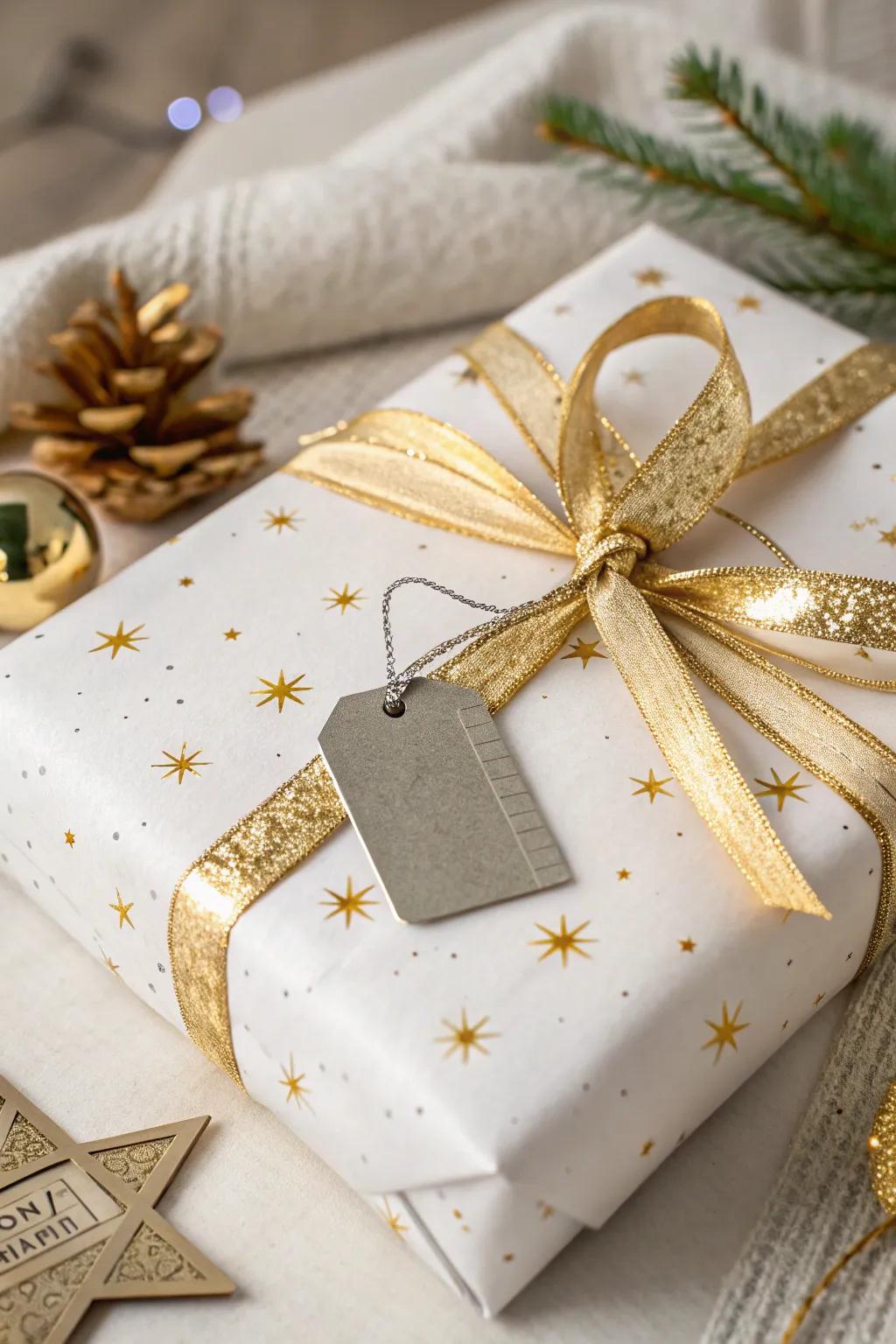 Understated ivory and gilt gift presentation for a modern impression.