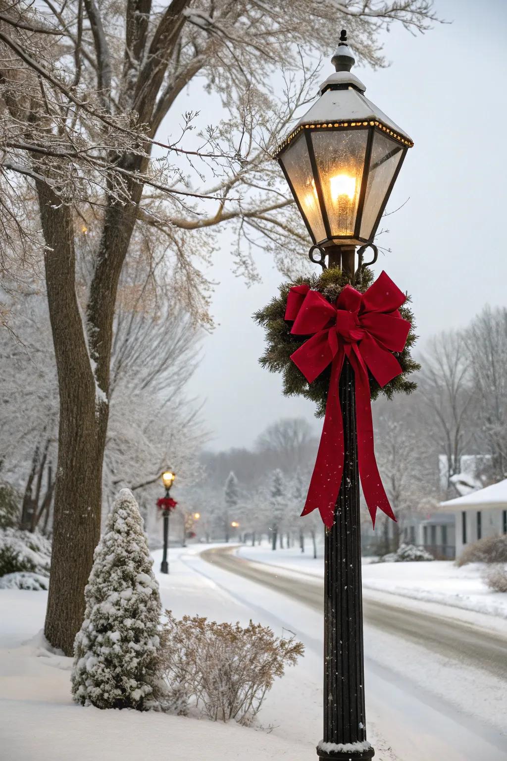 A timeless red ribbon brings festive elegance to a lamp post.