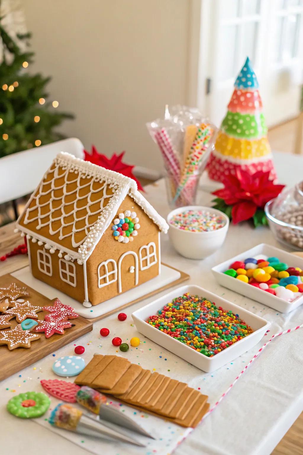 Promote inventiveness with a gingerbread mansion adorning display.
