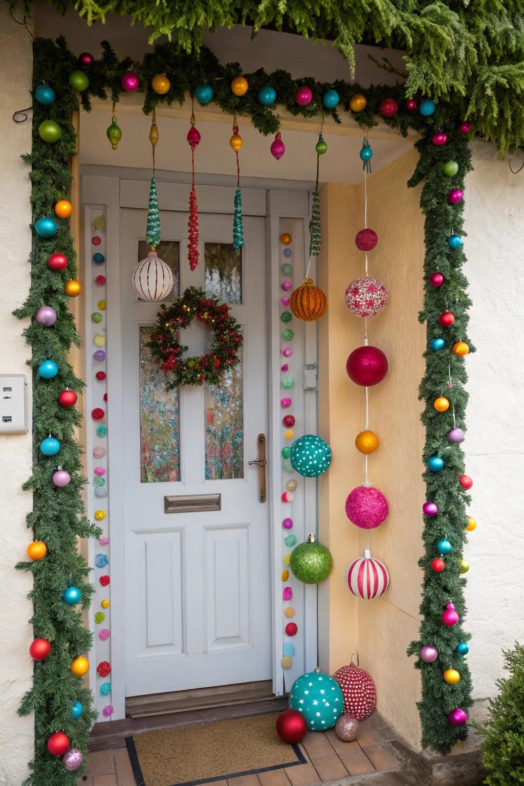 A lively swag showcasing vibrant ornaments.