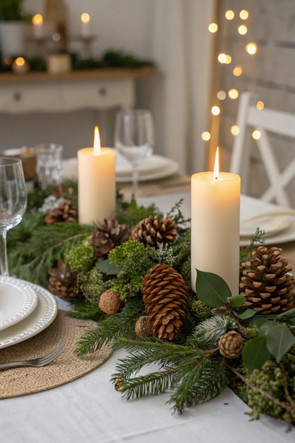 Conifers contribute provincial charm to the Yuletide table.