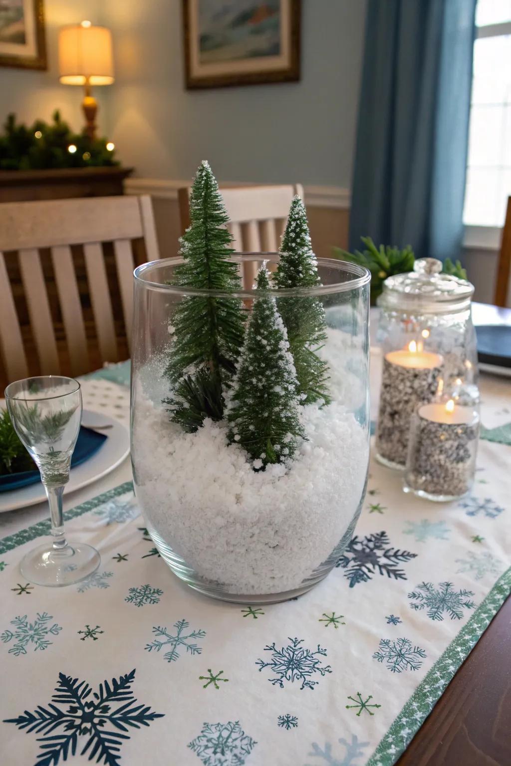 Dreamlike winter: simulated snowfall and miniature trees usher the outdoors inside.