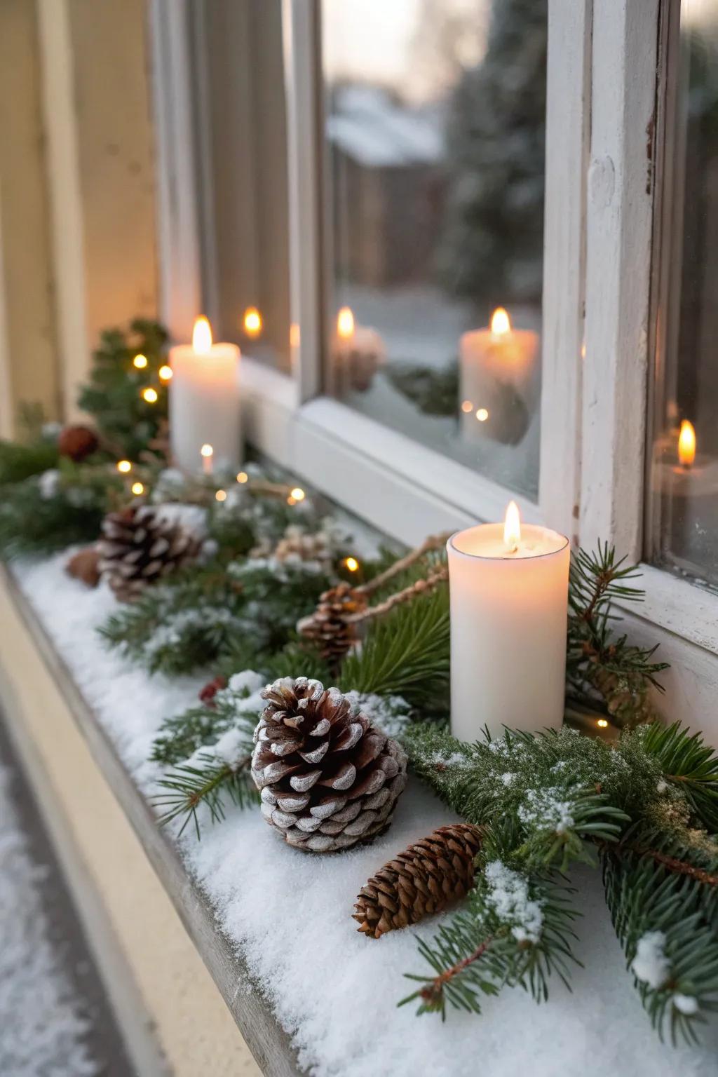 An alluring window display showcasing festive cones and lights.