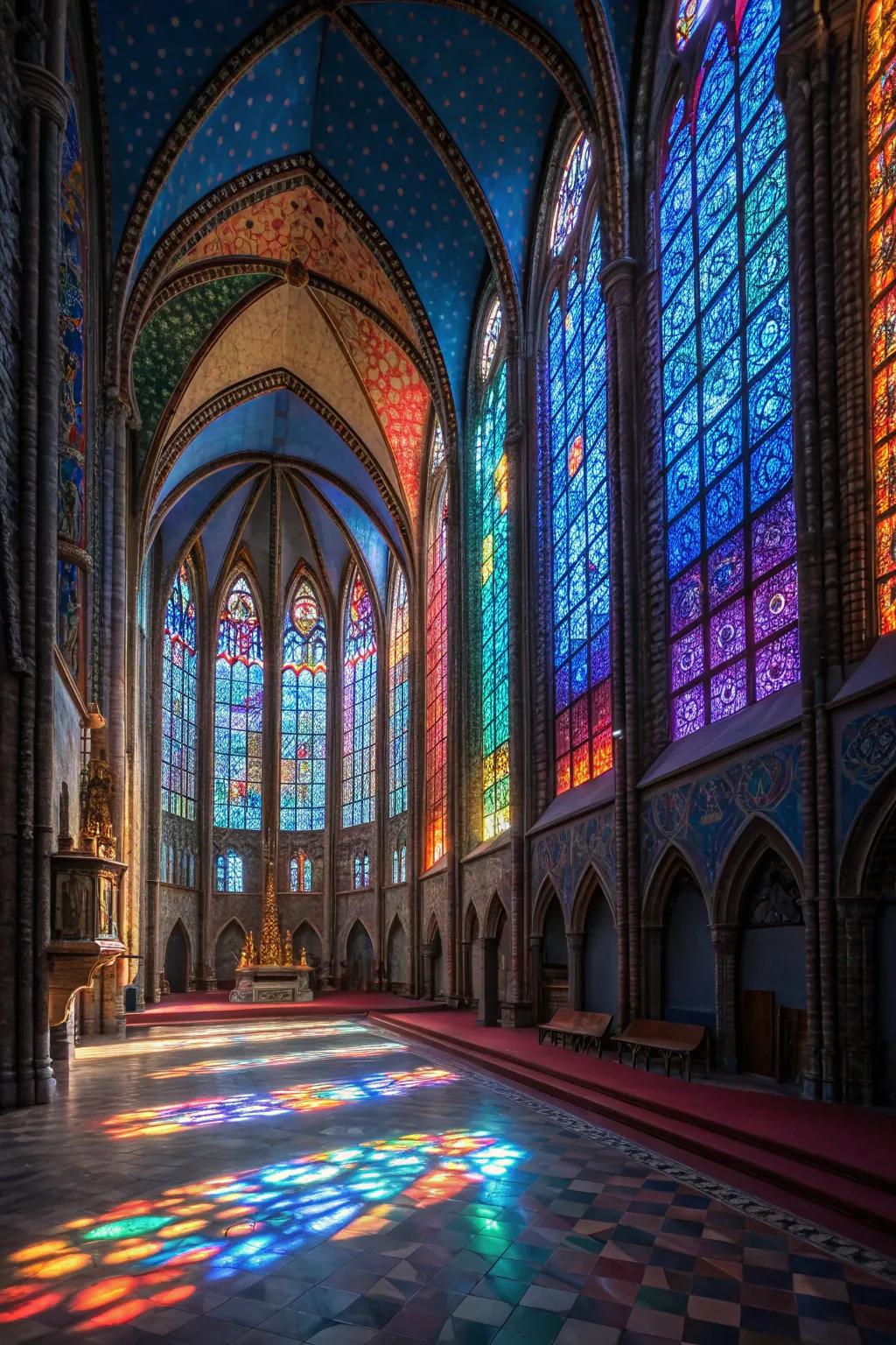 Church interior featuring vibrant tinted panes.