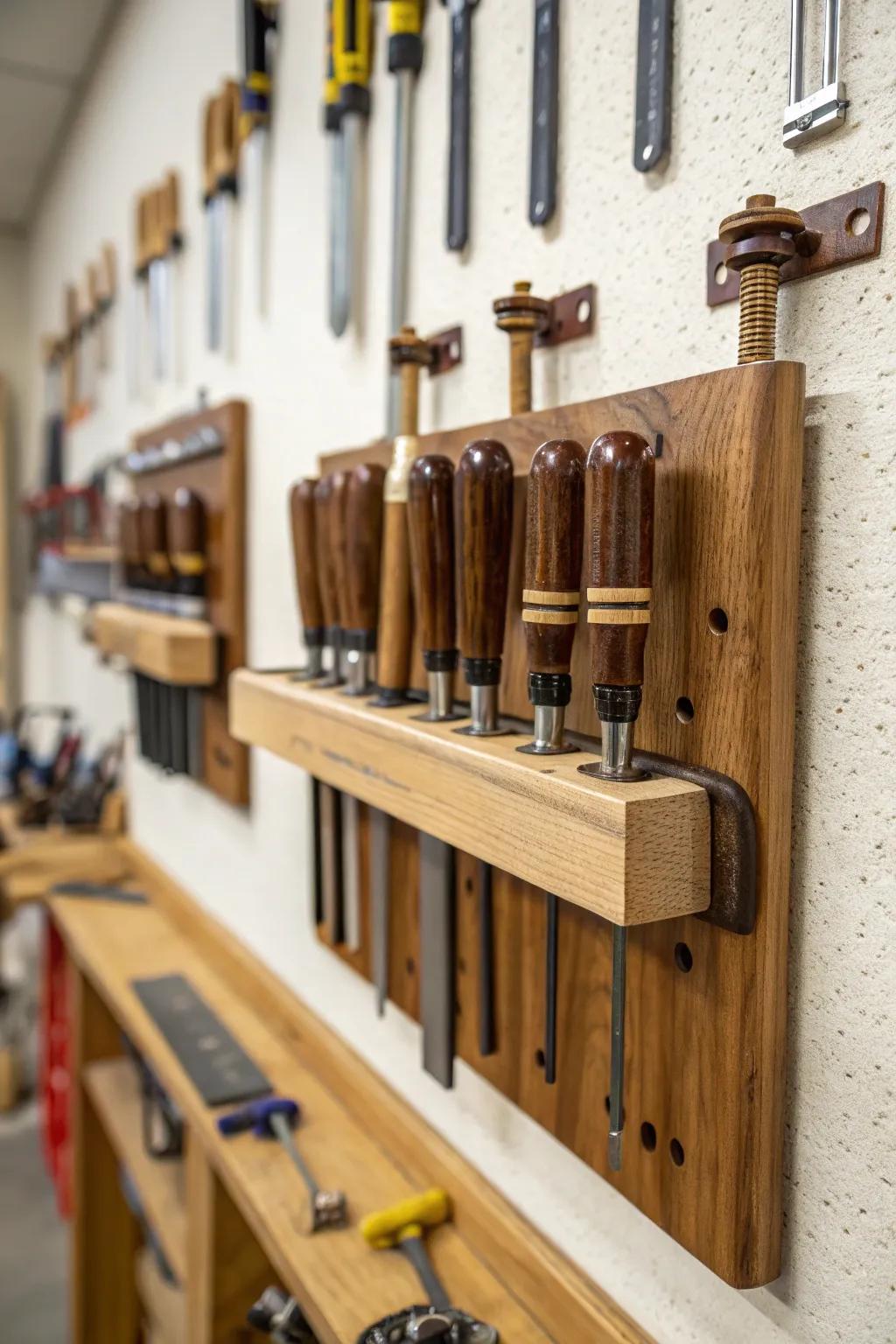Bespoke wood retainers offer a specialized storage solution for clamps.