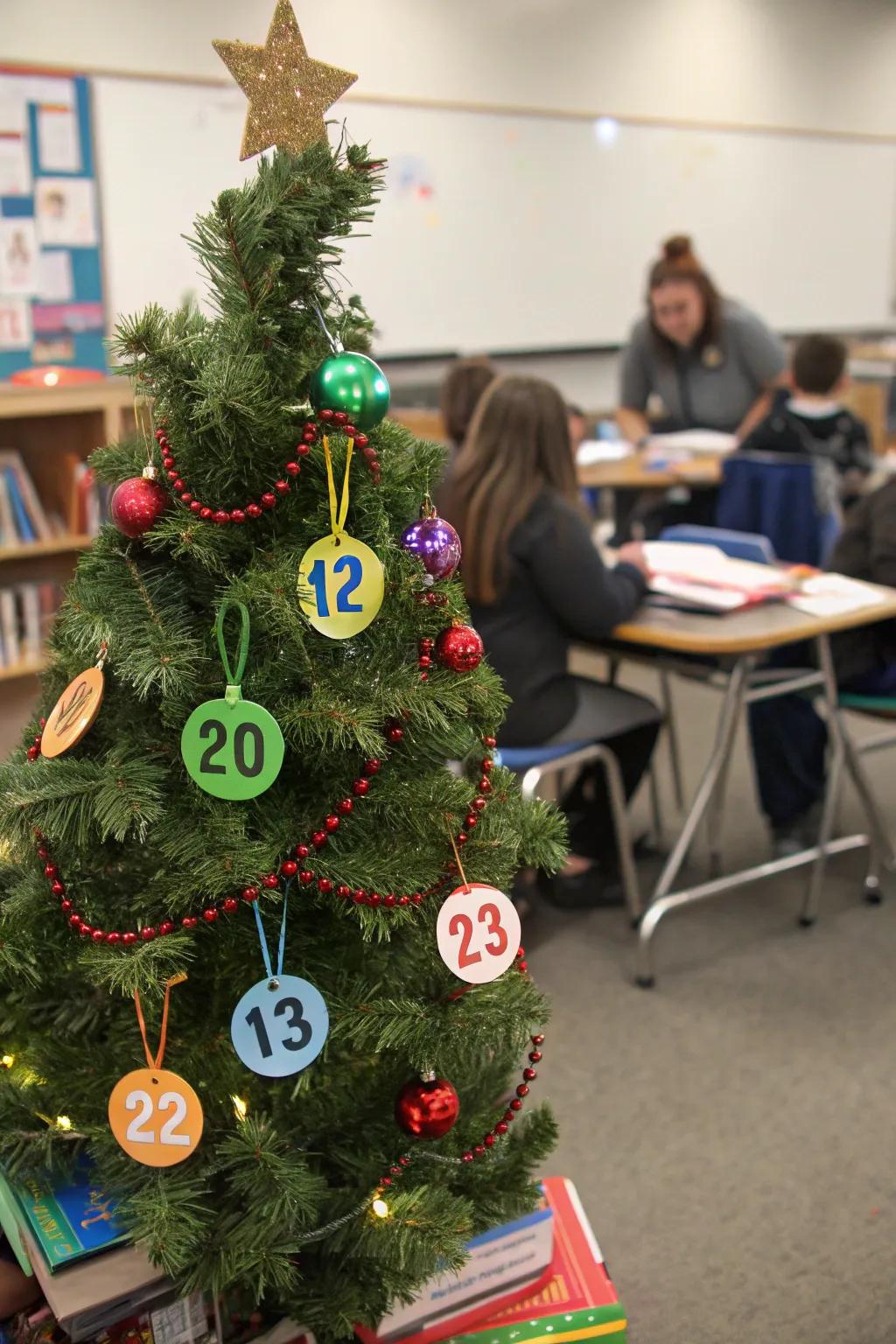 An educational holiday tree featuring interactive ornaments