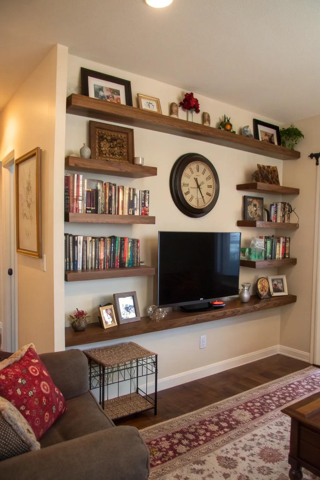 Weightless shelves complement a clock above a television, exemplary for the presentation of embellishments.
