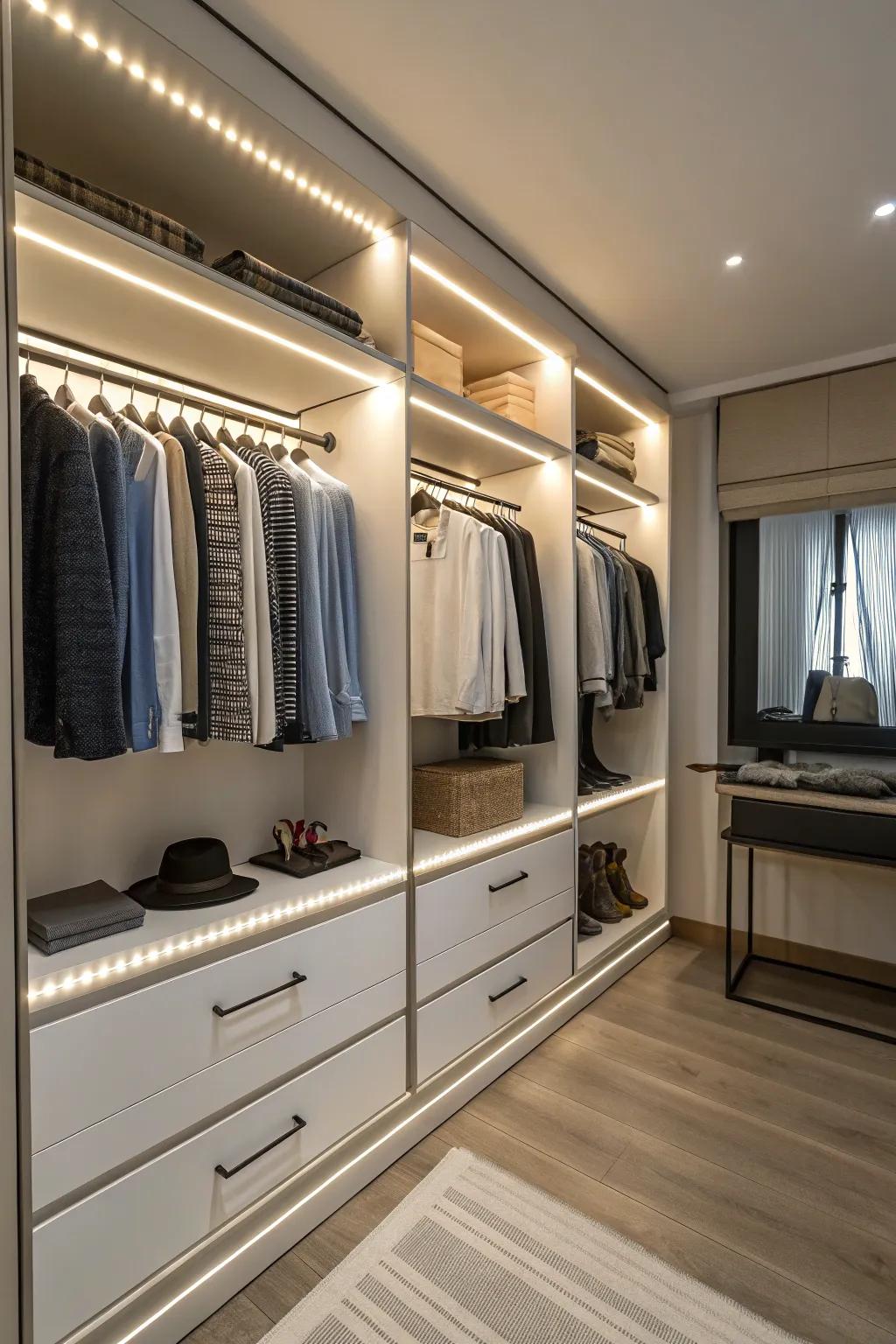 LED strip lights offer specific lighting for a modern closet design.