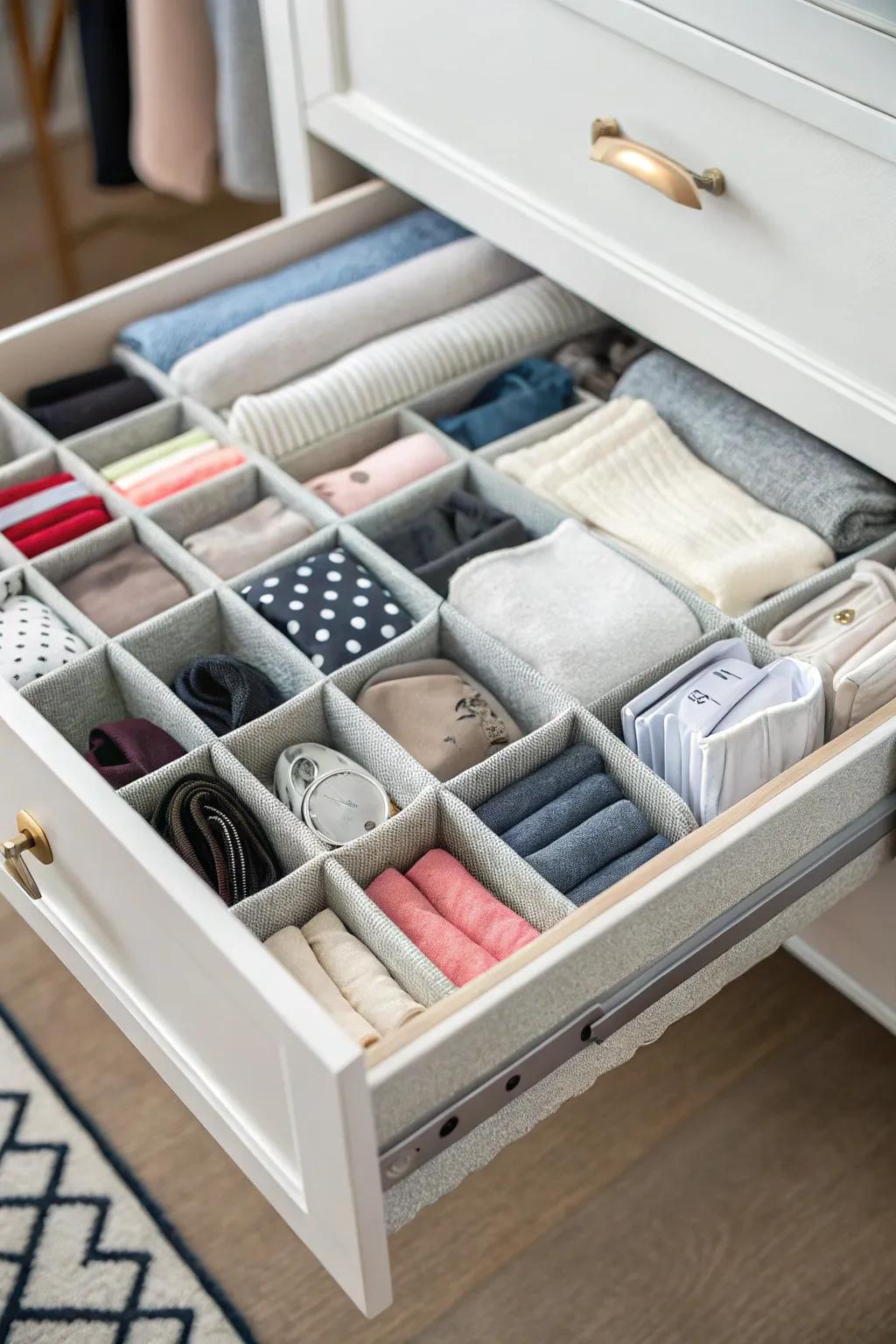 Maintain orderly drawers with tailored organizers for smaller items.
