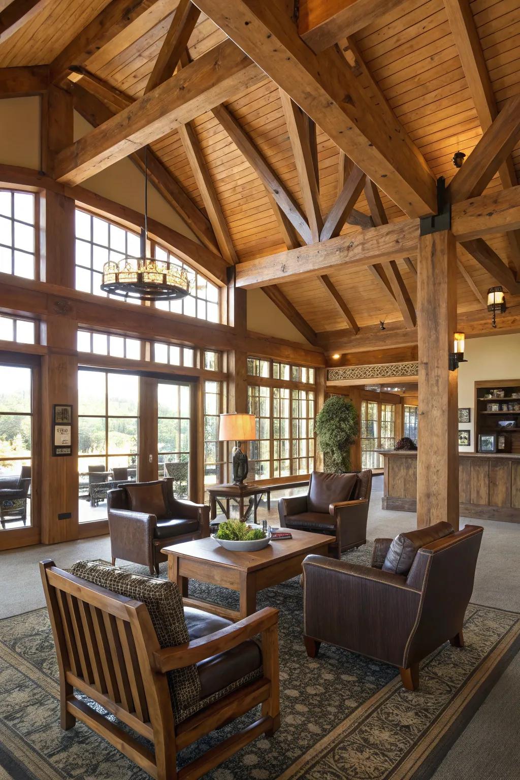 Rustic features with timber beams and furnishings in a clubhouse.