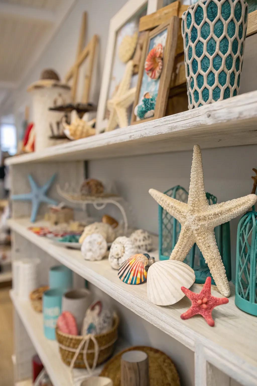 A shelf adorned with nautical souvenirs and coastal accents.