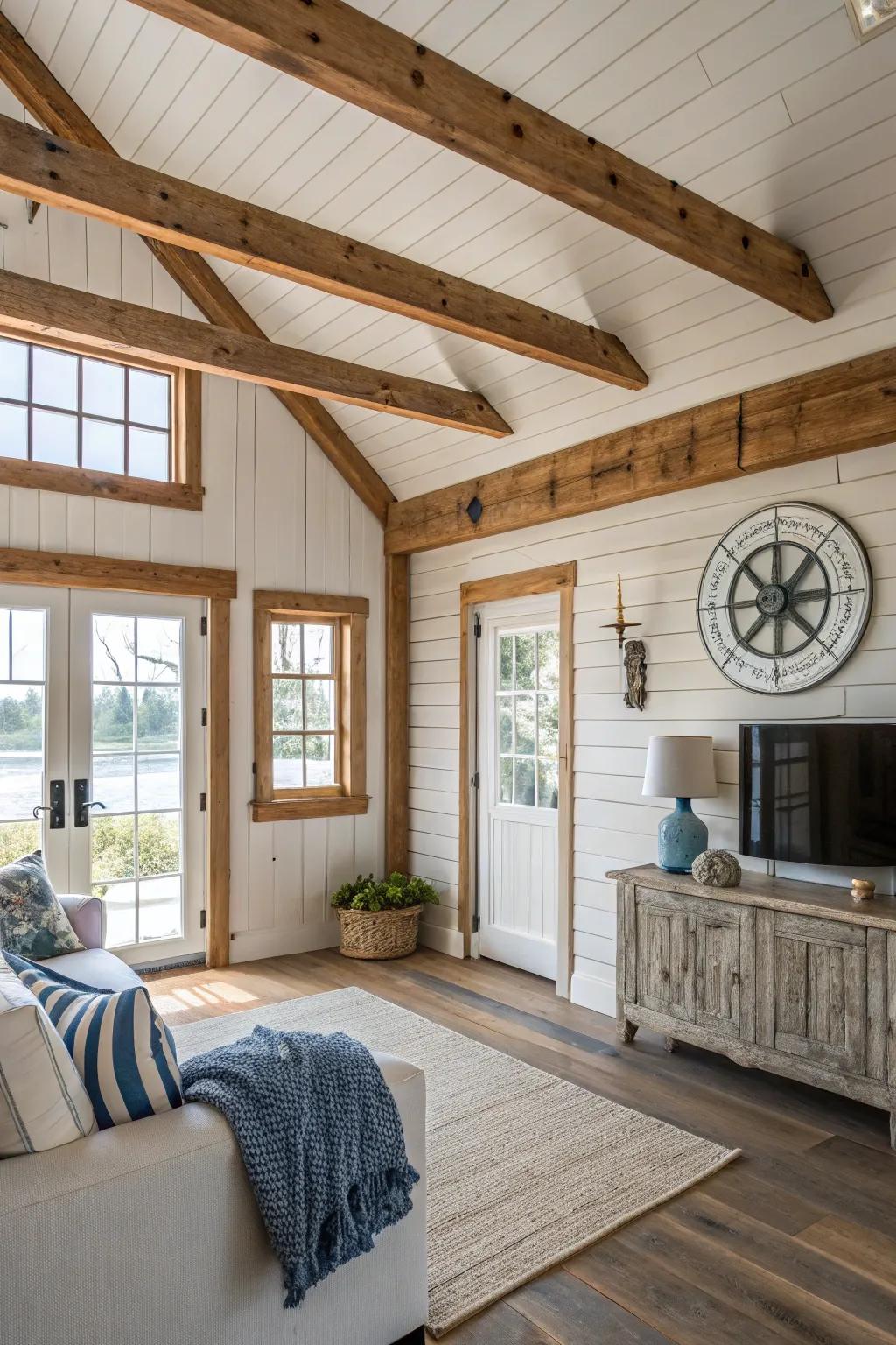 Rustic accents anchor the coastal farmhouse style with distinctive character and historical richness.