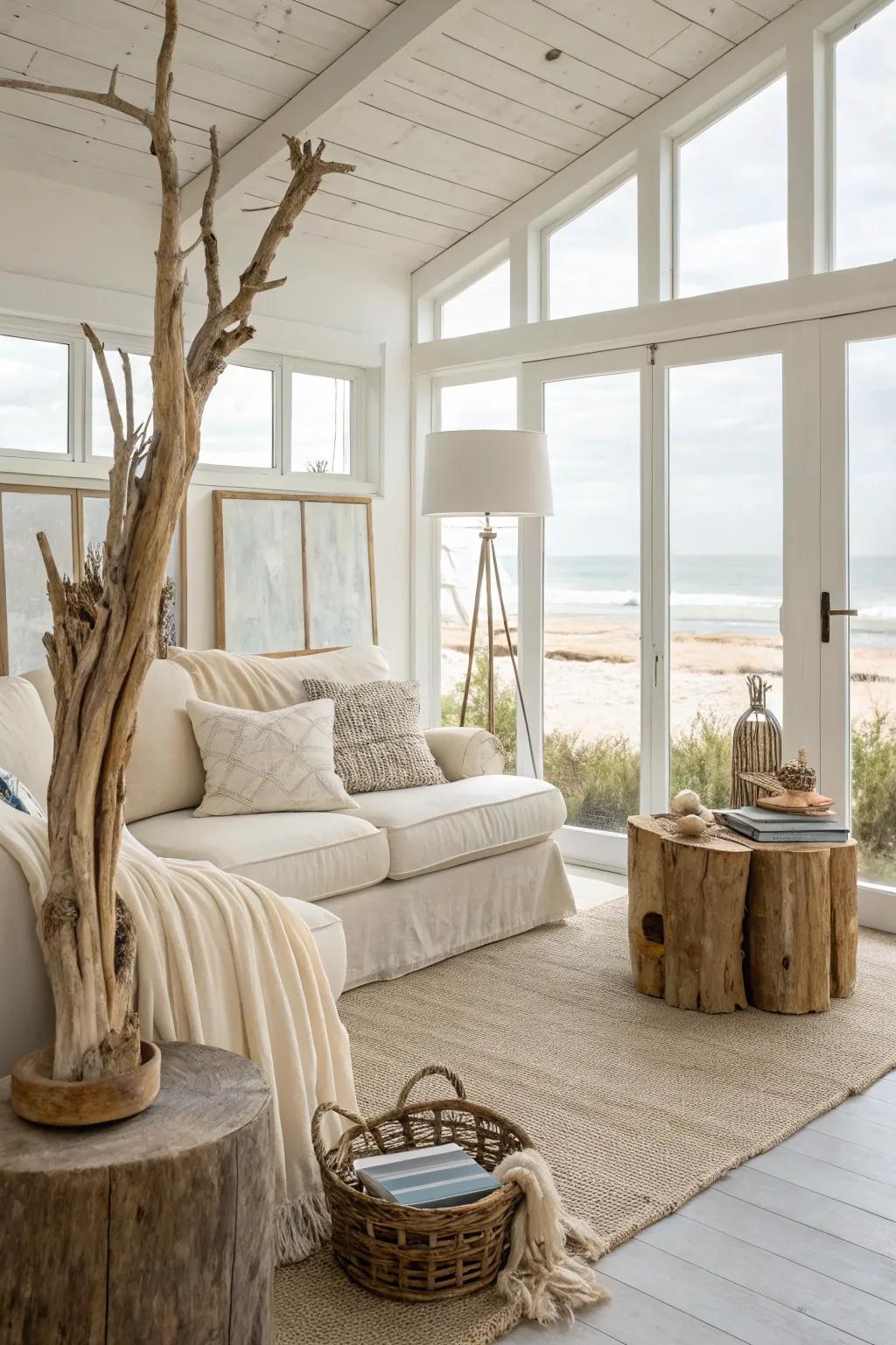 Seashore wood enhances the homespun appeal of coastal decor.