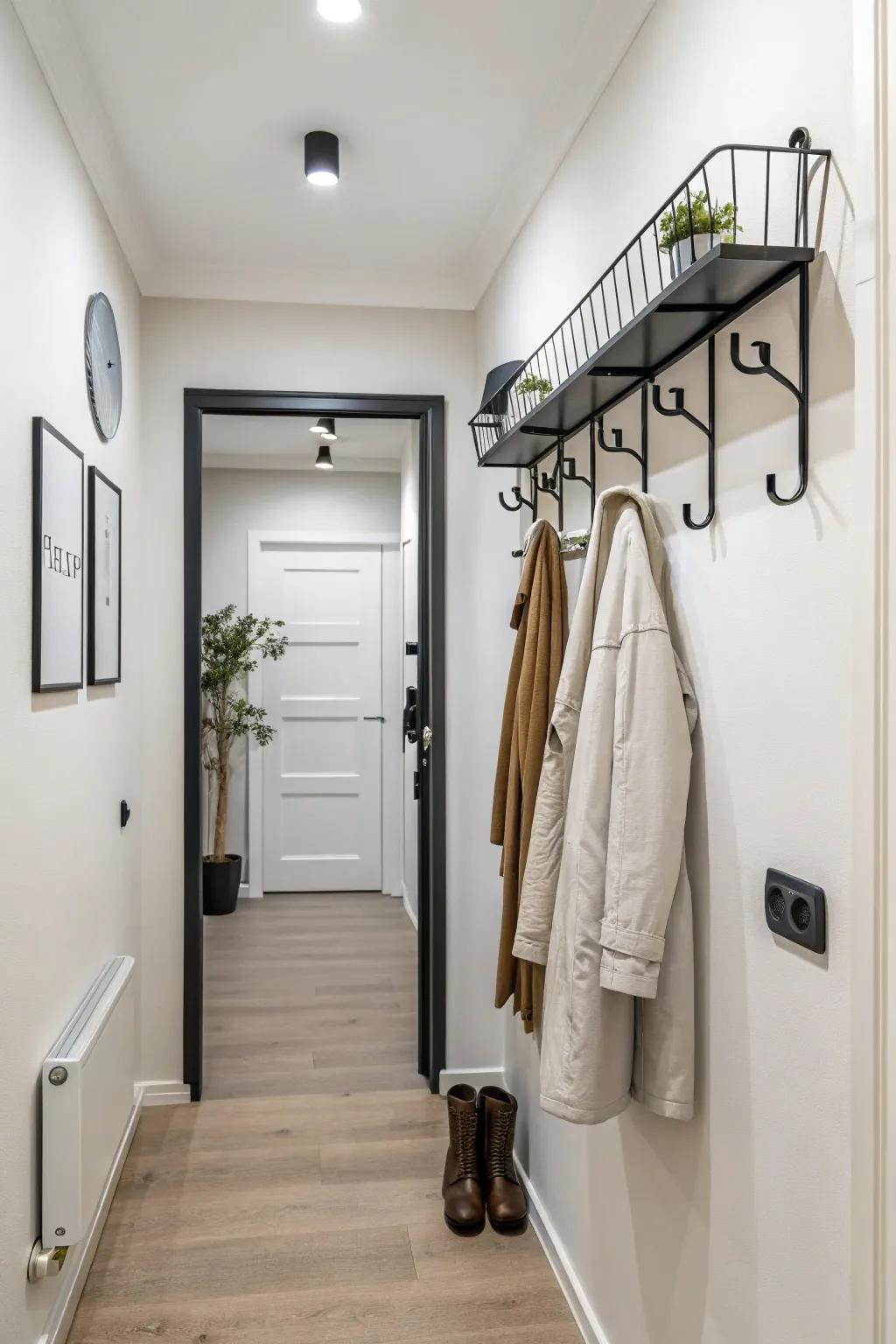 A streamlined wall-mounted coat rack, optimal for restricted spaces prioritizing simplicity.