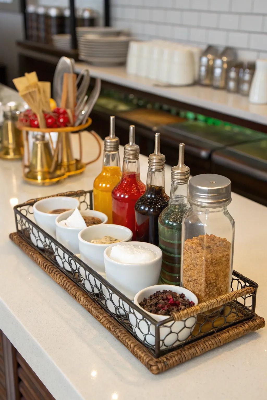 An antique tray elegantly presents coffee must-haves.