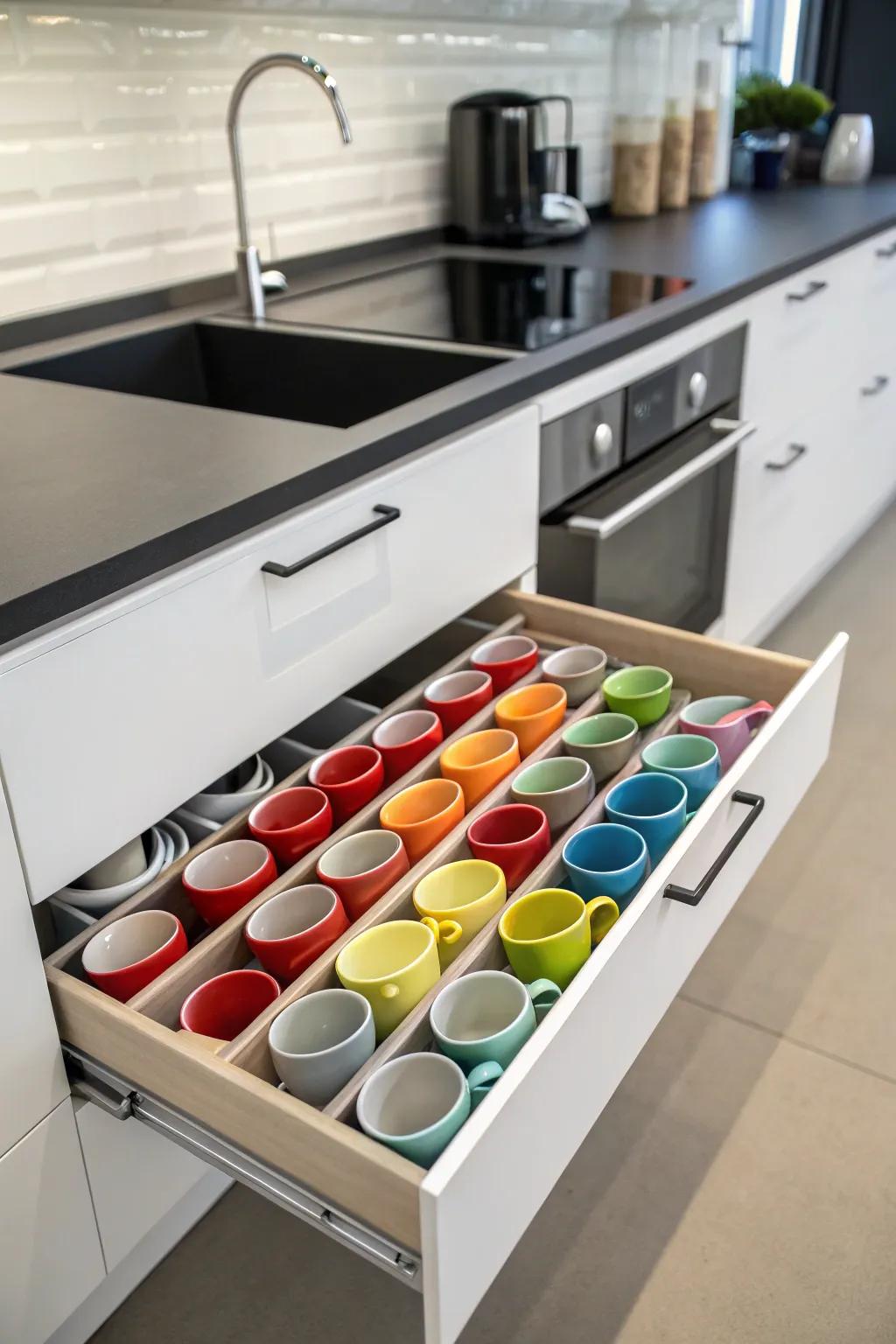 Mug arrangement bestows a personalized element upon your coffee drawer.