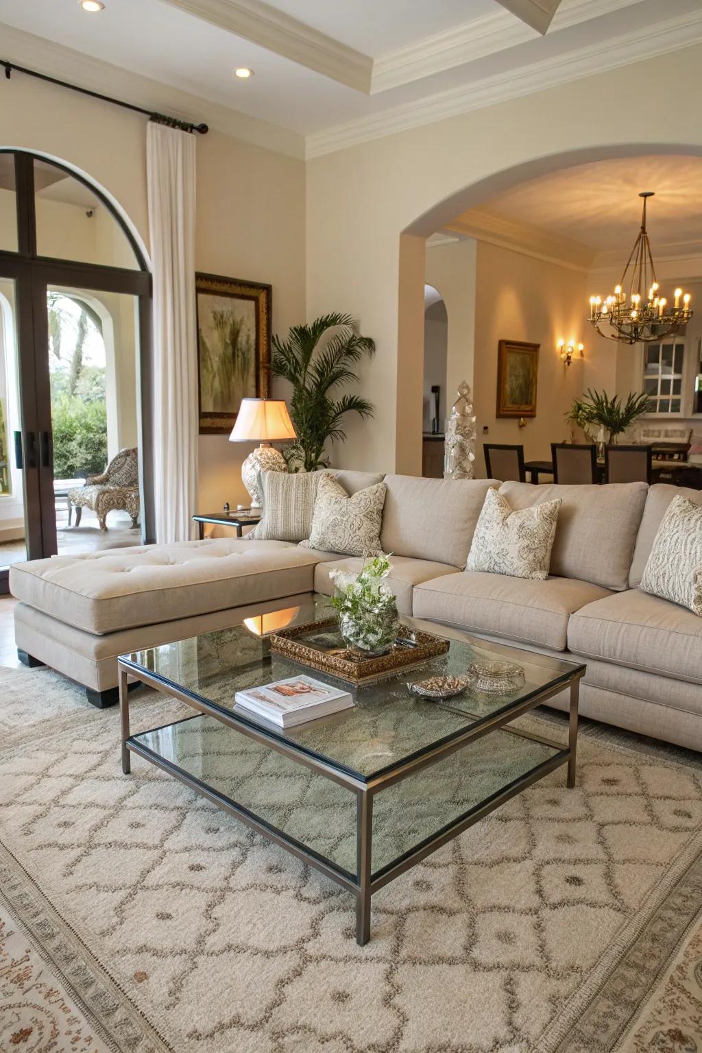 A clear center table brightens up the area, wonderfully complementing the modular.
