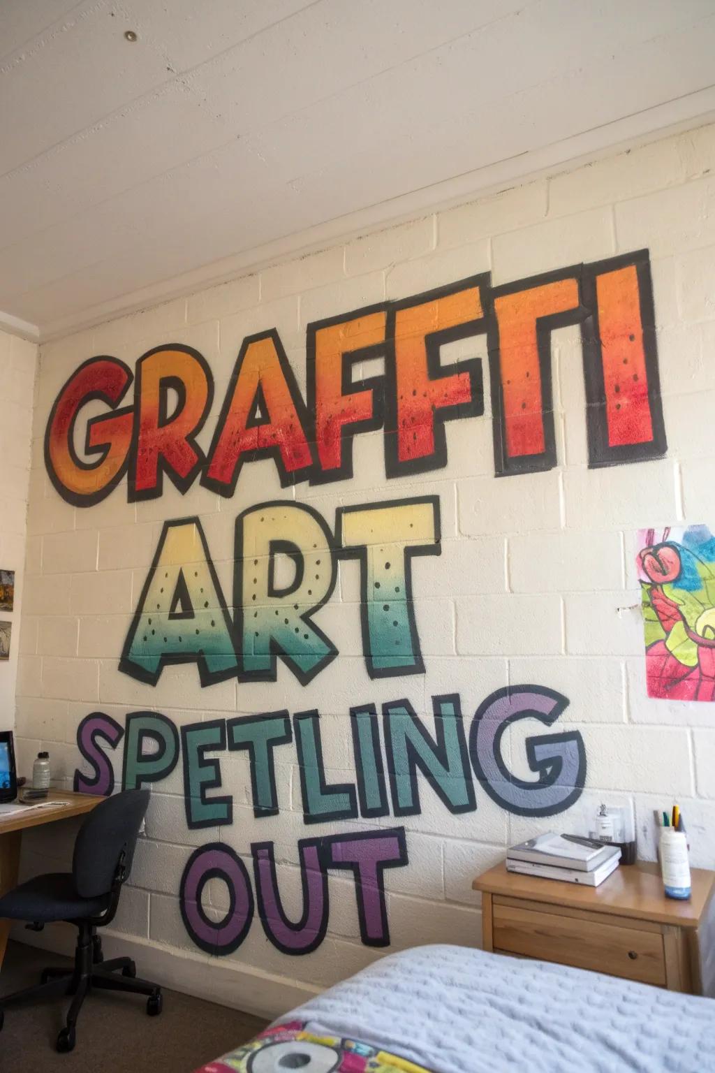 A bedroom wall personalized with vibrant name graffiti artwork.