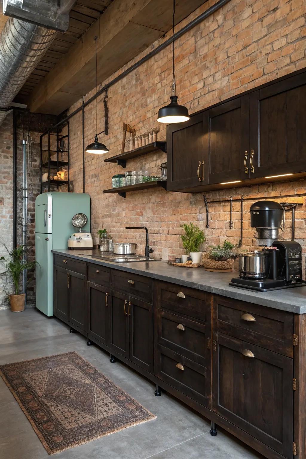 An urban elegant kitchen featuring dark cabinets and exposed brick walls for a cozy, contemporary vibe.