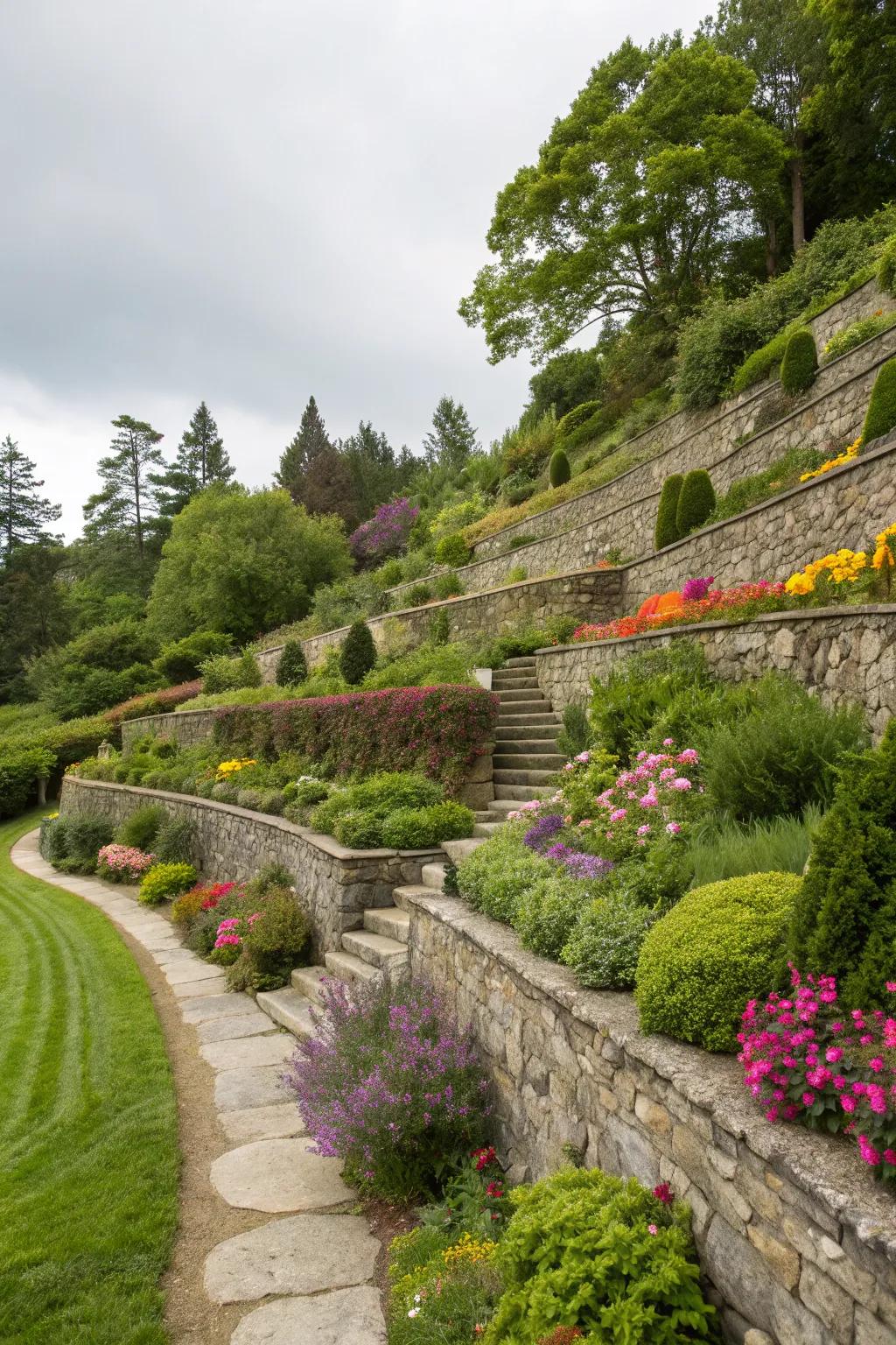 Tiered gardens with stone structures infuse dimension and elegance into inclined landscapes.
