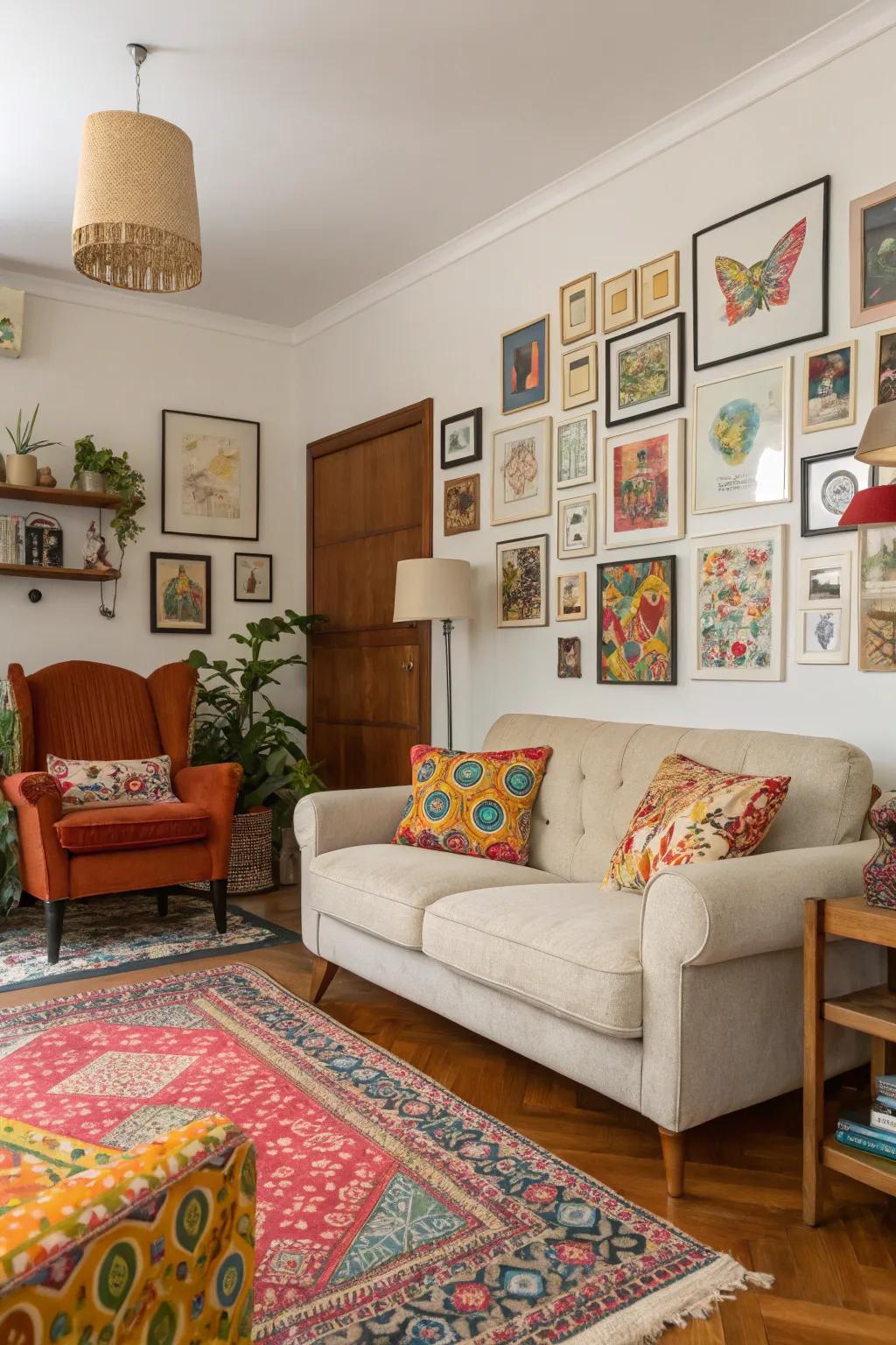 A varied assortment of furniture imparts character and contrast to this lively living room.