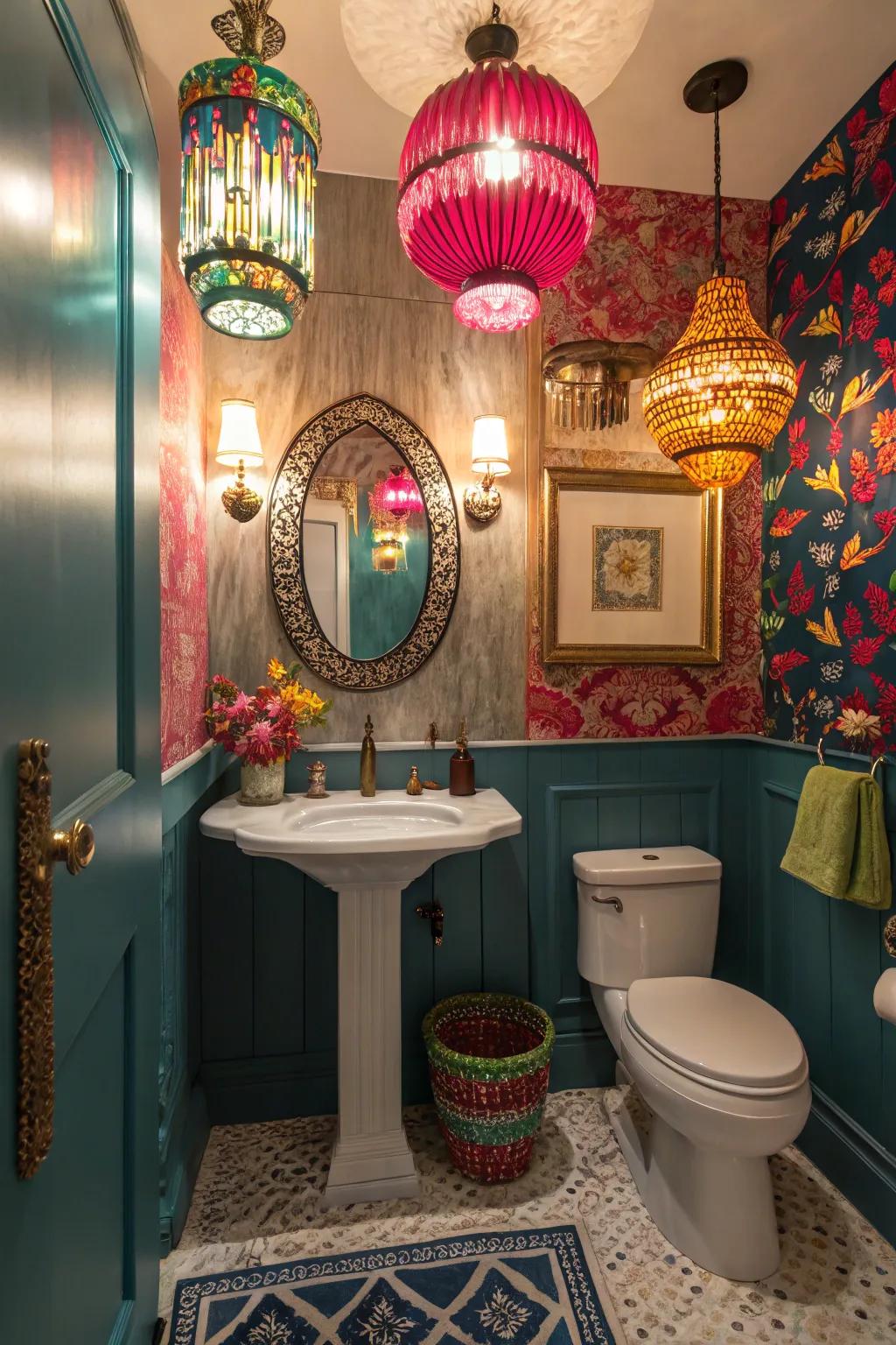 Distinctive ornamental illumination enriches the vibrant décor of this guest bathroom.