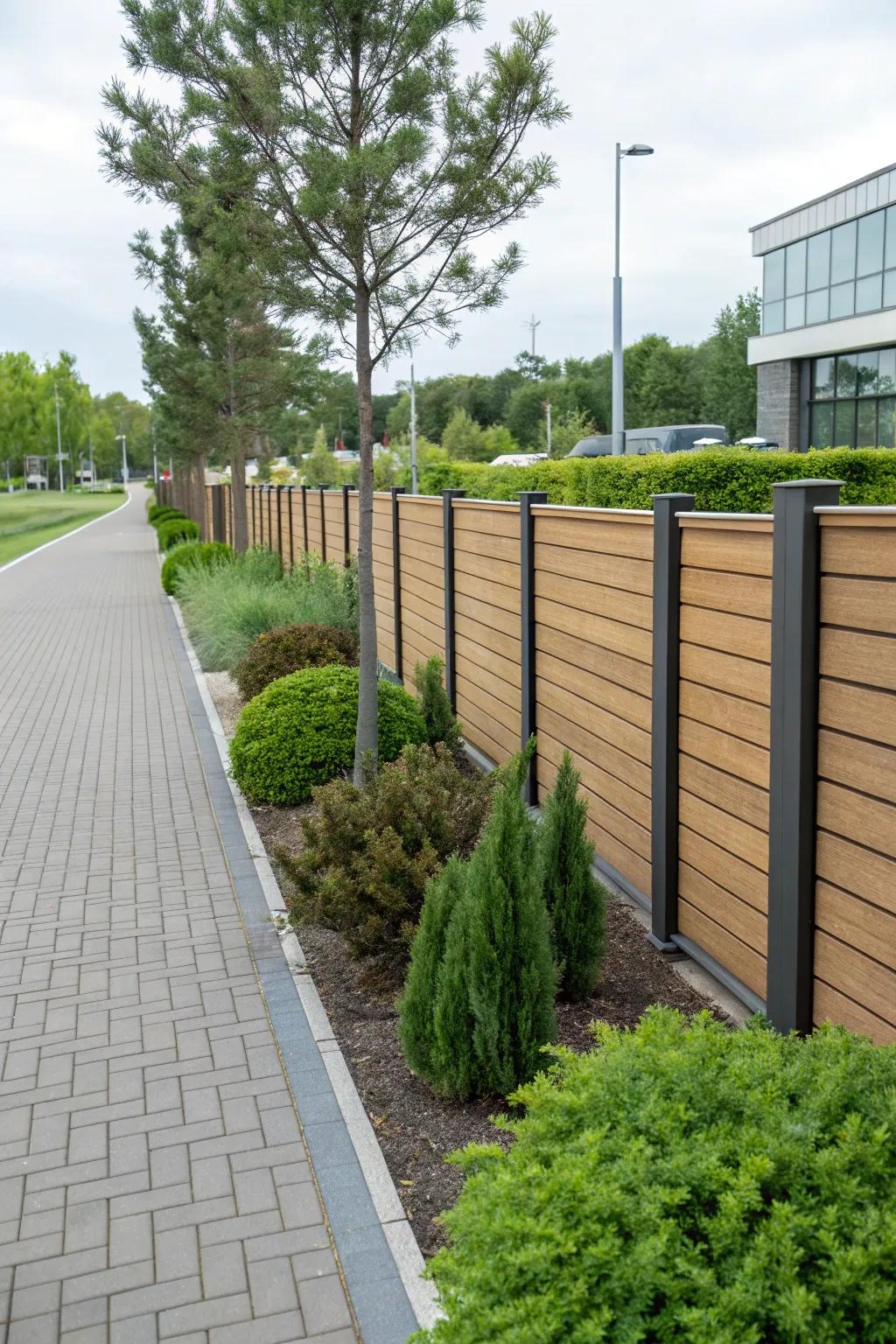 Synthetic wood barriers offer eco-friendly durability and aesthetics.