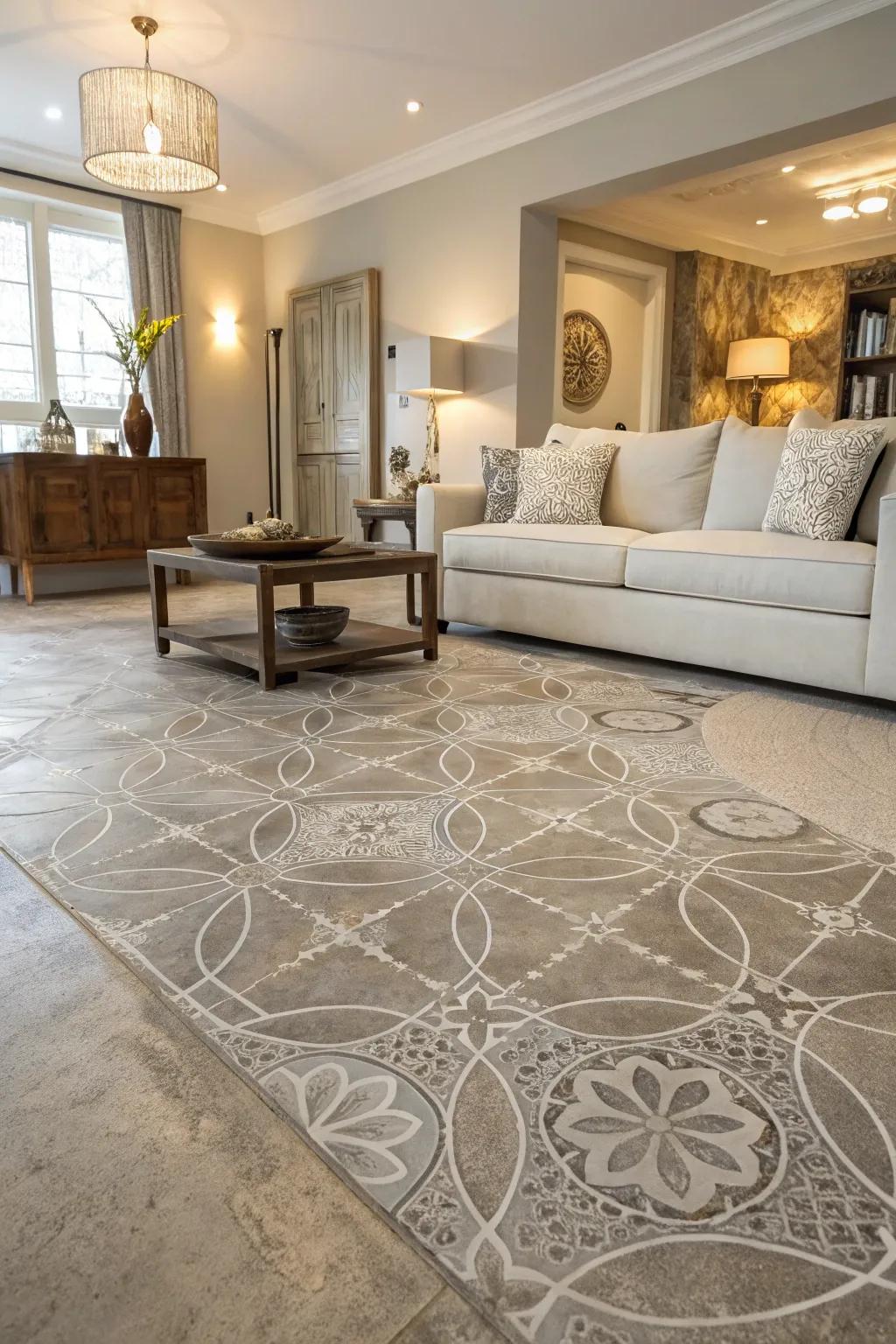 Textured concrete flooring adding depth and interest to a stylish living room.