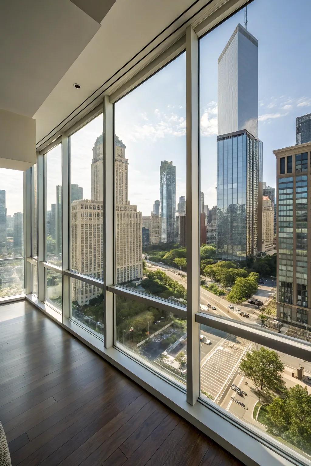 A condominium featuring floor-to-ceiling windows with an expansive urban view.