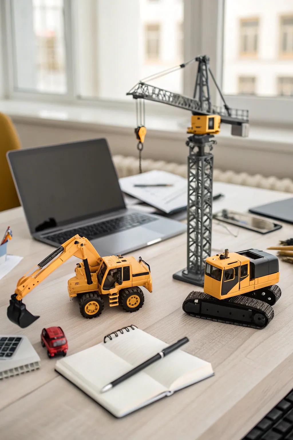 Scaled replicas of construction equipment lending allure to an office workstation.