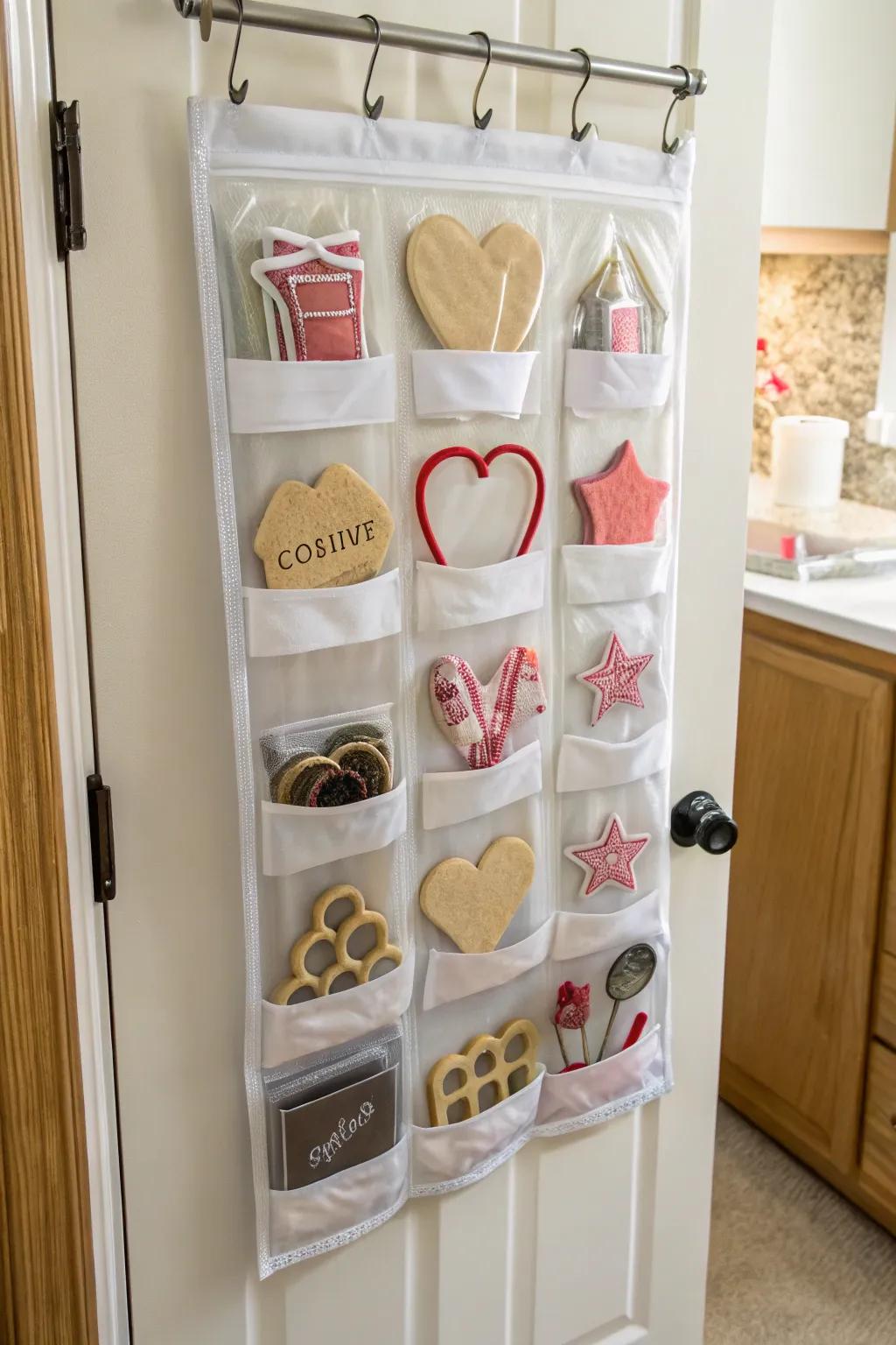 An over-the-door organizer with cookie cutters in clear pockets.