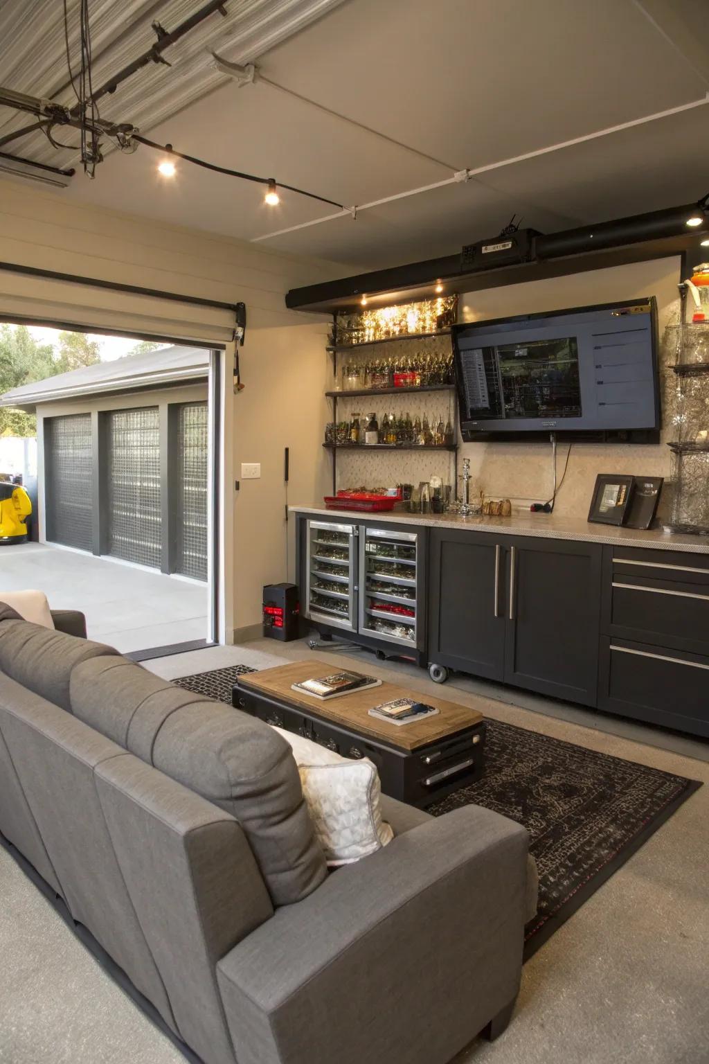 An entertainment center in the garage furnished with cozy seating and a small bar.